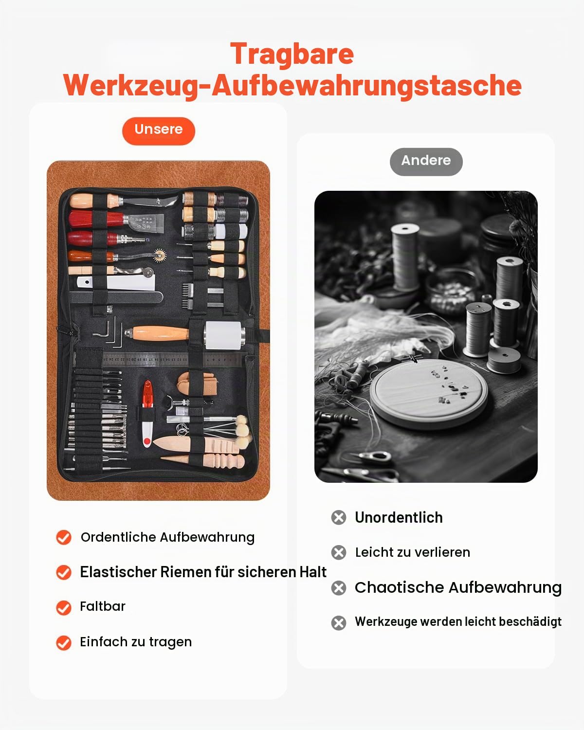 VEVOR 59-tlg. Lederhandwerkswerkzeug Set mit tragbarer Aufbewahrungstasche aus Segeltuchwerkzeug Grafikwerkzeug Stanzwerkzeug, Nähwerkzeug Schneidewerkzeuge, ideal für Anfänger Heimwerker Profis