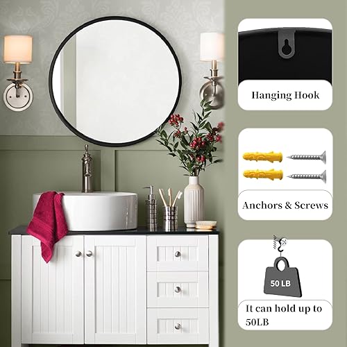 Miniatura 6 de G-LEAF Espejo redondo negro de 28 pulgadas, espejo circular para baño, entrada, tocador, sala de estar, espejo de baño redondo para pared