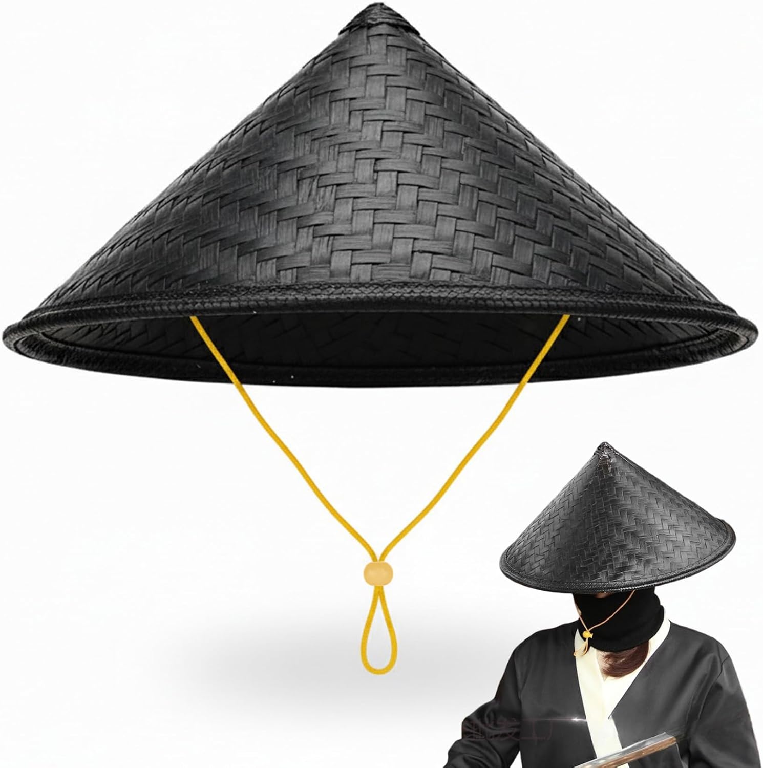 Rice Hat 14 Inch Black Conical Drawstring Bamboo Hat Traditional Asian Style Cool Farmer for Women Men Outdoor Gardening