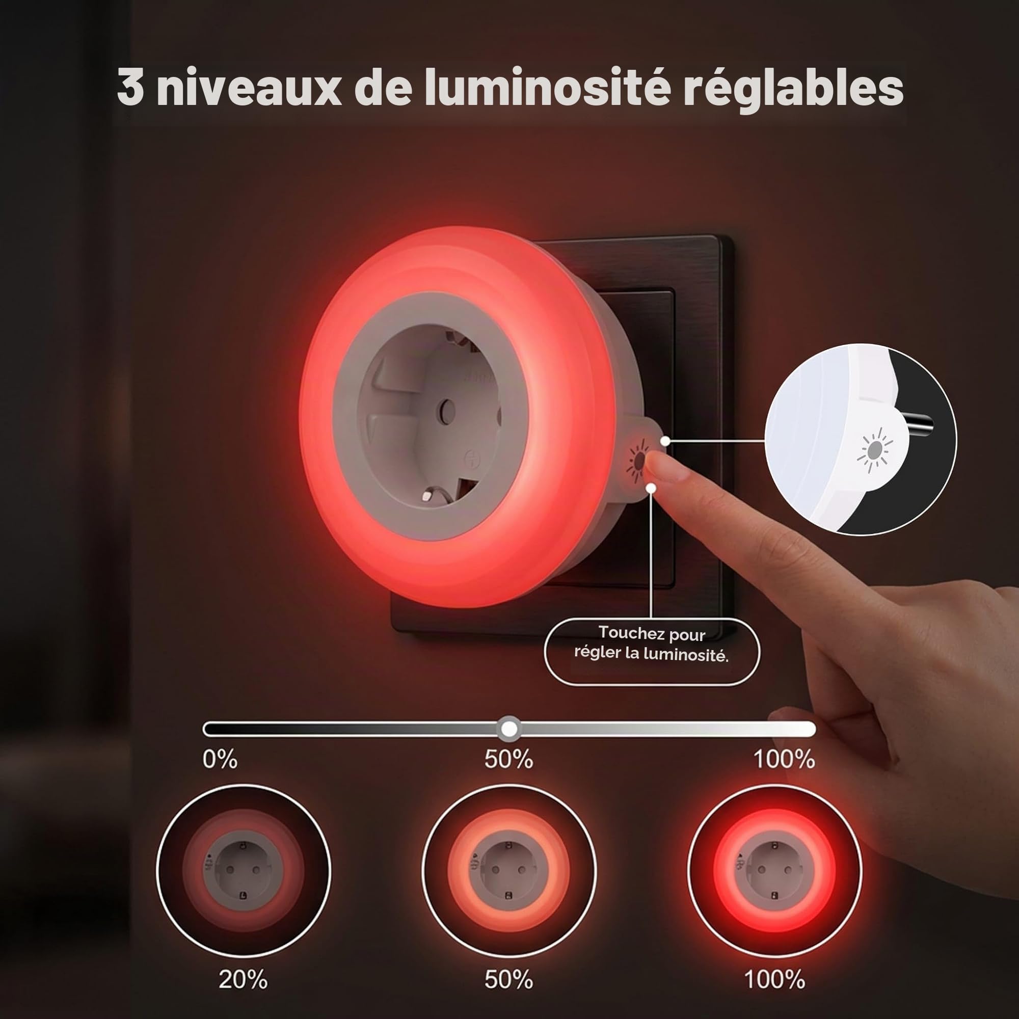 Veilleuse Rouge Mélatonine Prise Électrique – Capteur Lumière Automatique – 0% Lumière Bleue – Luminosité Réglable – Sommeil, Bébés et Allaitement – ON/AUTO/OFF – Pack 2