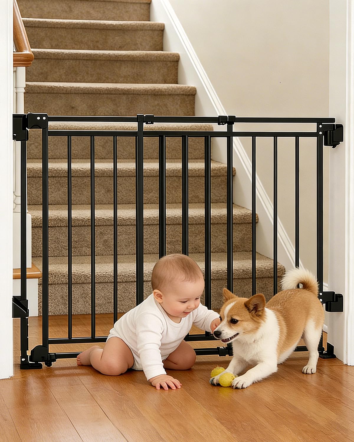 Barrera de seguridad infantil para escaleras, puertas y cocina, 26,4-43 pulgadas de ancho x 74 cm de alto, sin suelo, cierre automático con una sola mano, atornillado para perros y niños pequeños