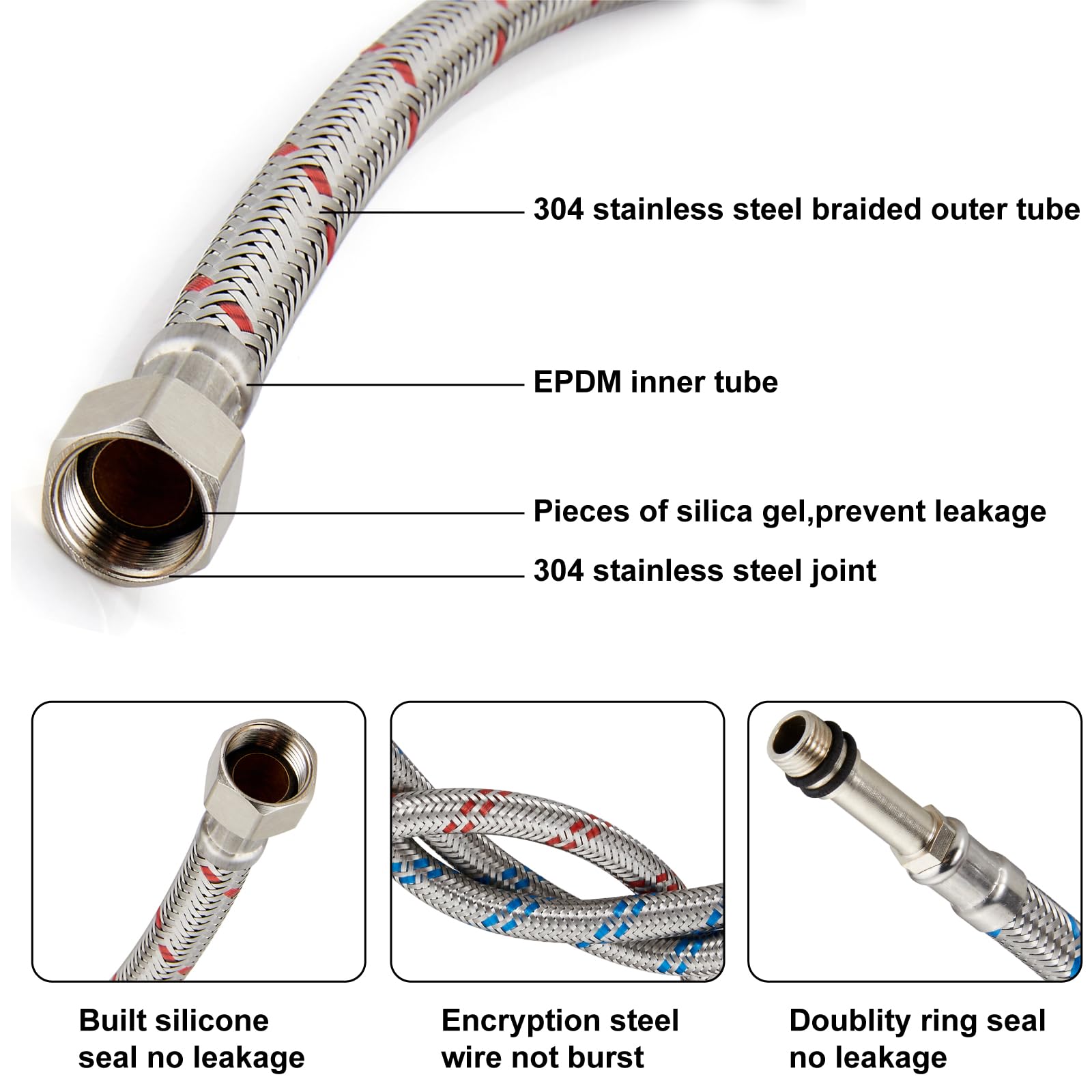 Midanya Líneas de suministro de agua para grifo de 40 pulgadas de largo, manguera de suministro de acero inoxidable trenzada de 3/8 pulgadas rosca de compresión hembra x conector macho M10, 2 piezas