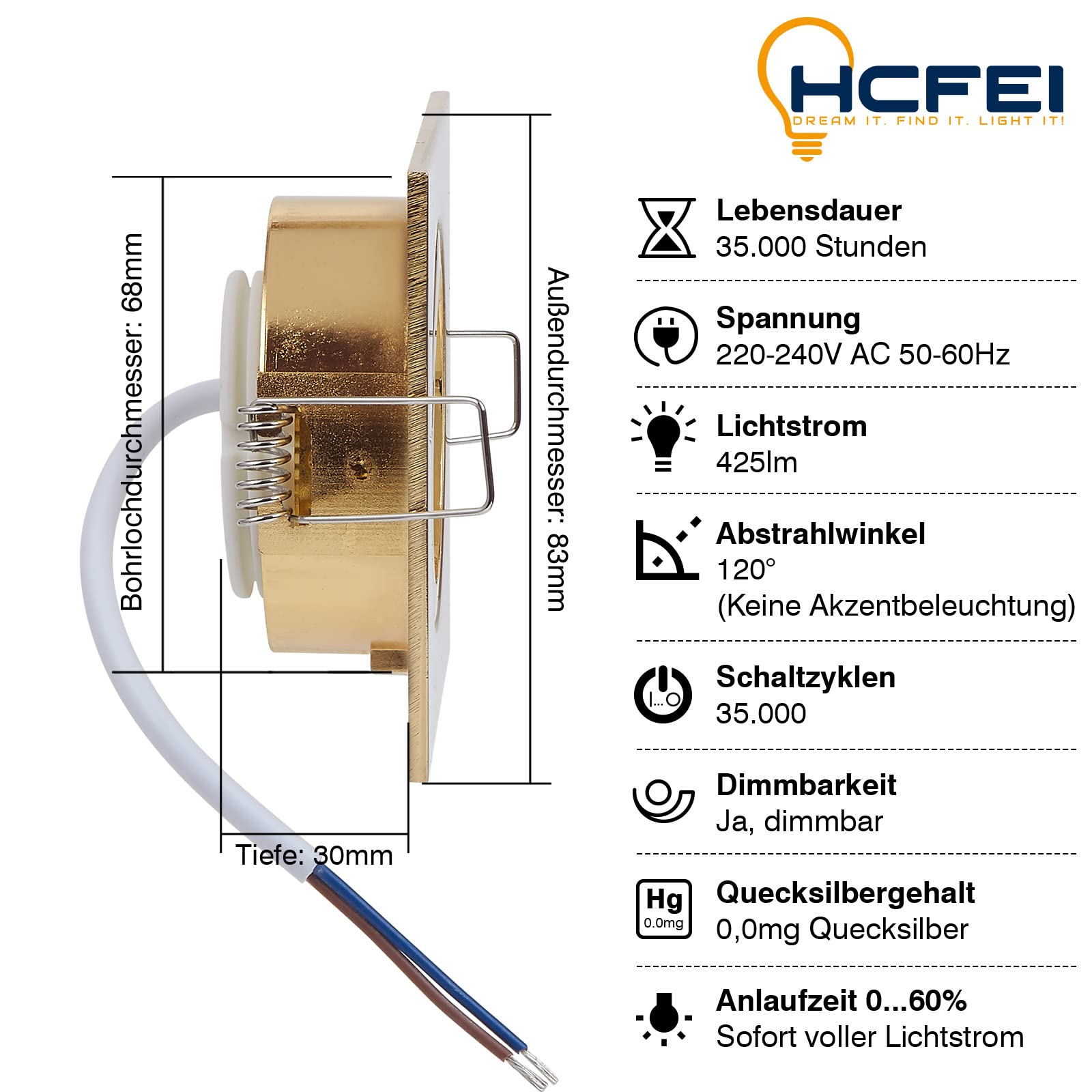 HCFEI LED Einbaustrahler ultra Flach | 425 Lumen | 230V 5W | Dimmbar | Gehäuse Eckig | Schwenkbar | Gold farbig (10er - Warmweiß)
