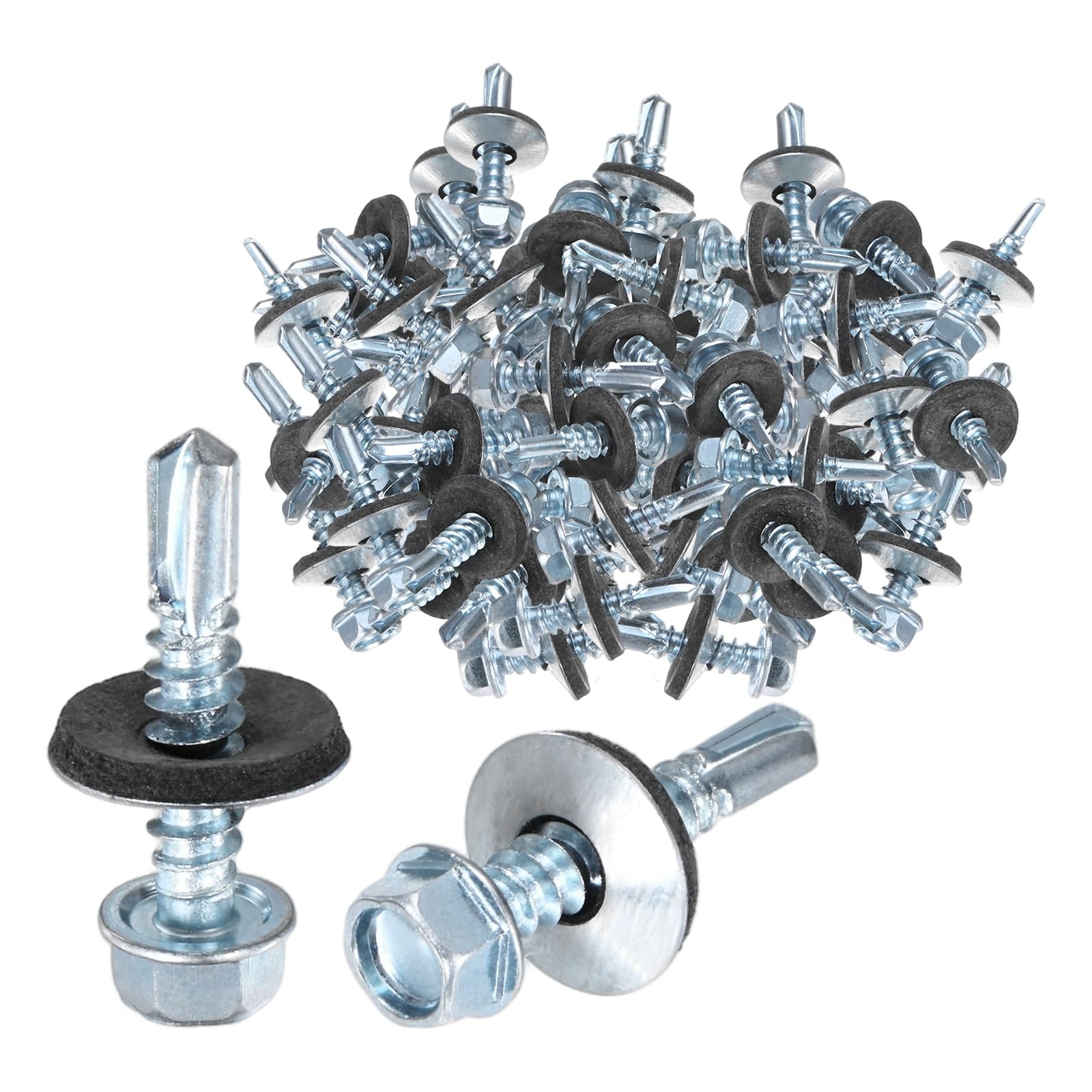M METERXITY 100-Pack Self Drilling Screws with Rubber Washer M5.5 x 25mm Zinc Plated Carbon Steel Hex Head Self-Tapping Screws for Metal Roofing/Siding Panels/Steel Structures