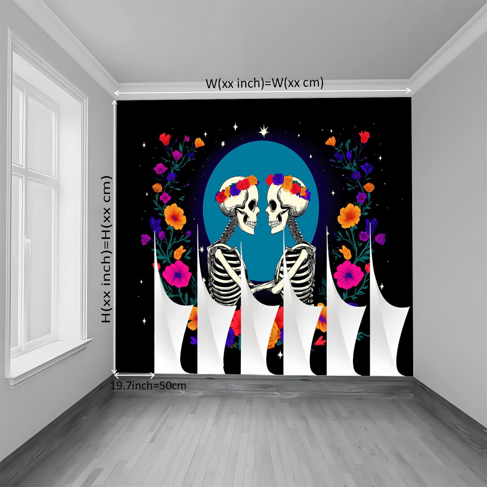 Fototapeta z włókniny, minimalistyczny styl, tapeta 250 x 175 cm (szer. x wys.), nowoczesna tapeta z włókniny, efekt 3D, dekoracja ścienna, czaszki, kwiaty, księżyc, tapeta ścienna, do salonu