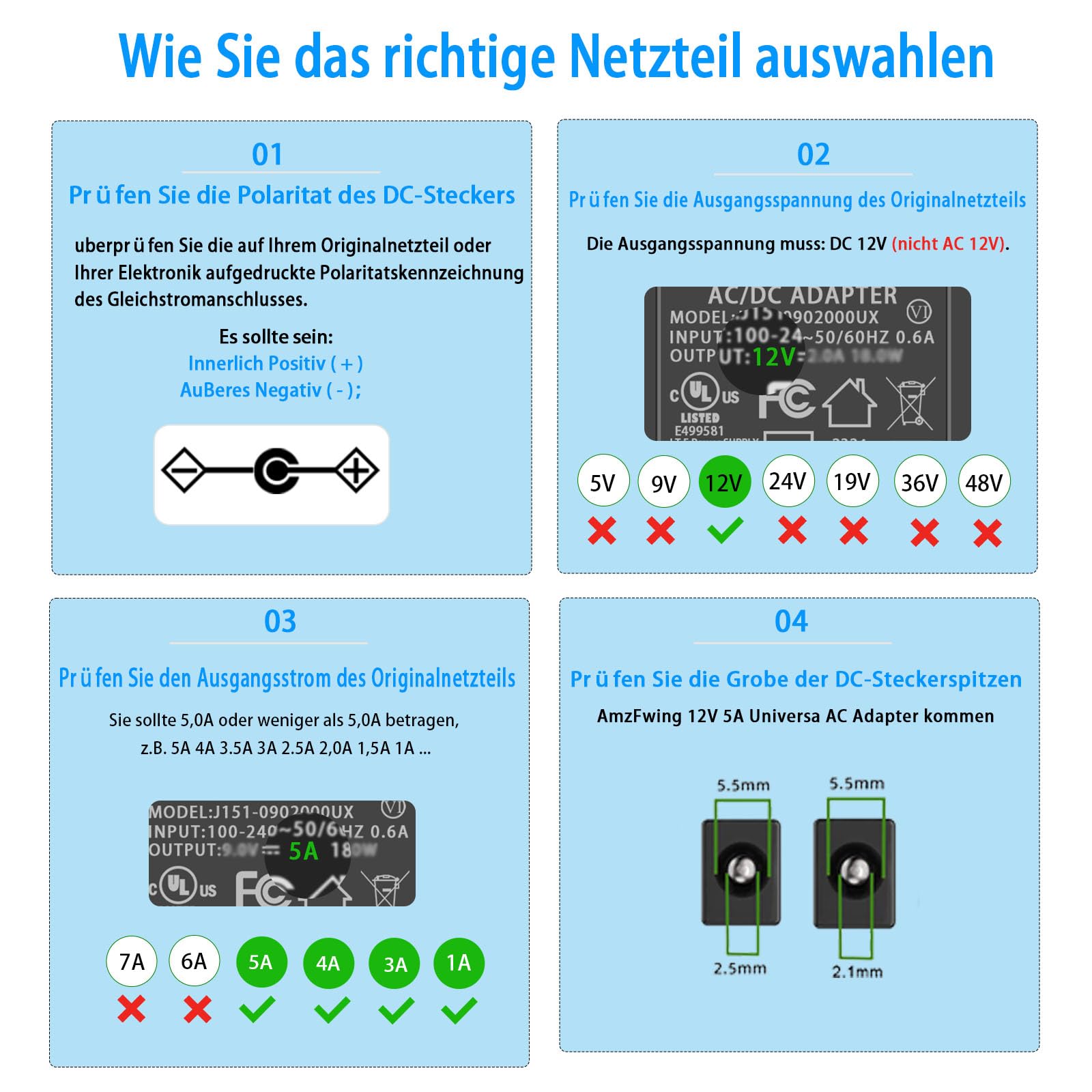 12V 5A CCTV Camera Stromversorgung, mit 1-8 Splitterkabel, AC 100-240V. | passend für Samsung Q-See Swann Annke Kamera Sicherheitskameras DVR / NVR System (60W Max)