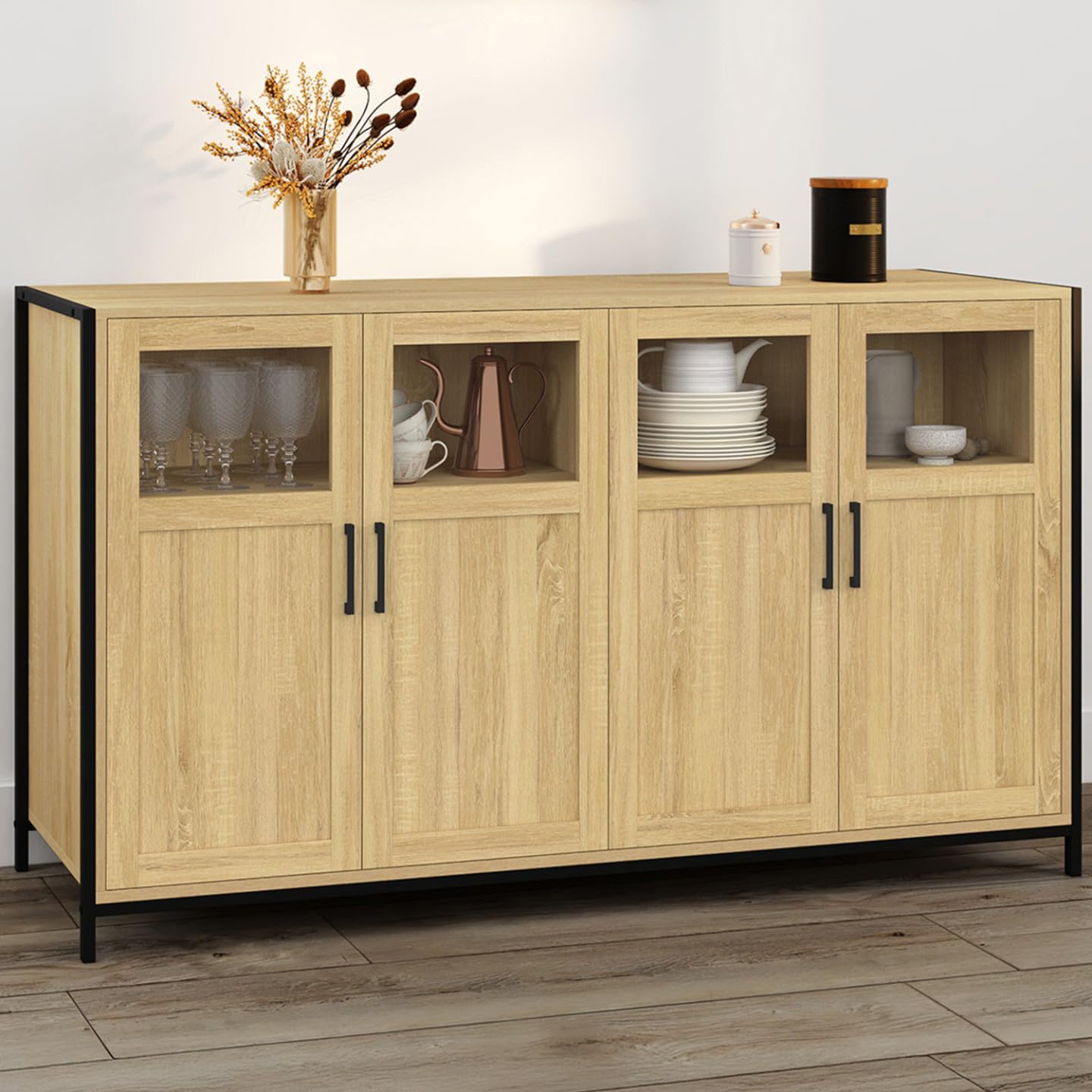 IDMarket - Aparador de 140 cm Detroit 4 puertas con vitrinas de diseño industrial