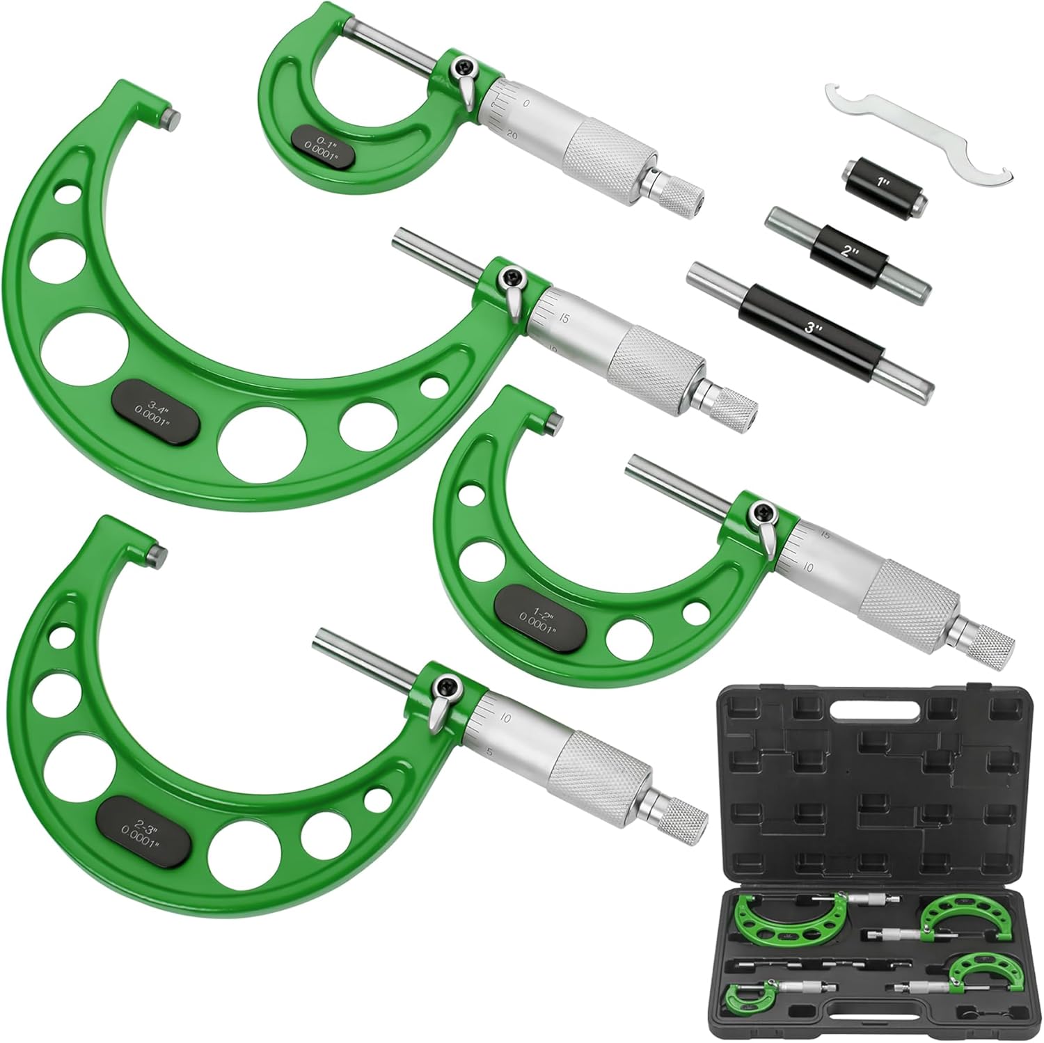 Premium Outside Micrometer Set 0-4" / 0.0001" (0-1"/1-2"/2-3"/3-4") Precision Machinist Tools w/Carbide Tips, Standards, Ratchet Stop, Green