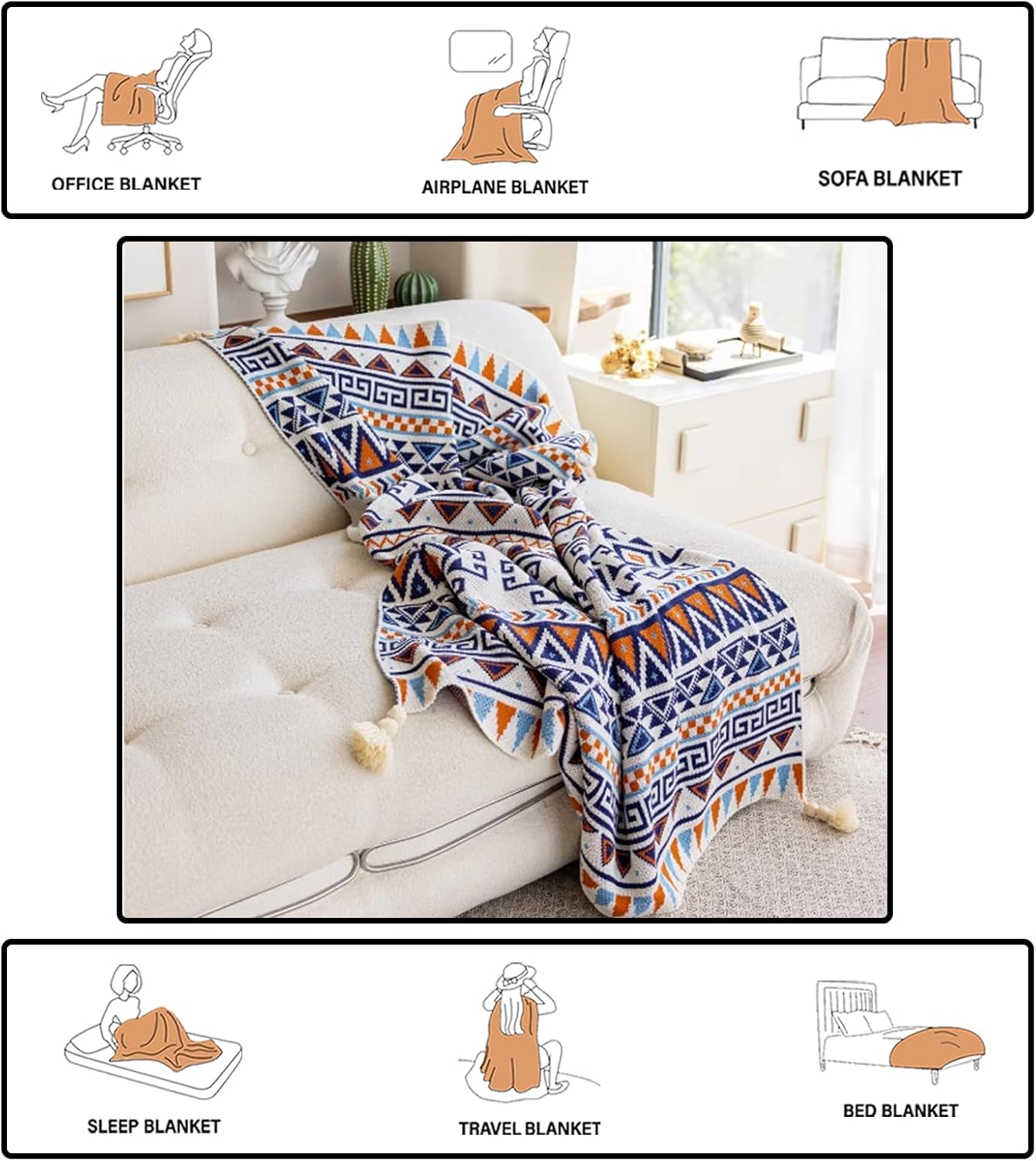 Boho Throw Blanket for Home, Soft & Non-Shedding, Blue and Orange Cozy All-Season Lightweight Blanket for Indoor Outdoor Use, Bohemian Design for Chair, Sofa, Couch (Blue Orange, 130x150cm-51”x59)