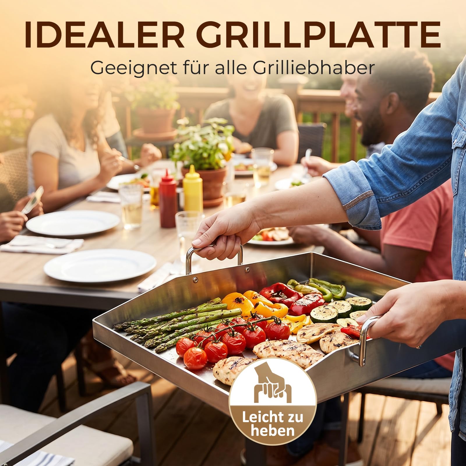 Grillplatte Plancha Geschenke für Männer Frauen, Grillplatte aus 4mm rostfreiem Edelstahl [40 x 30cm]-mit Griff, Enthalten Grillspachtel Set & Reinigungsbürste, Grill Platte für Gasgrill & Kohlegrill