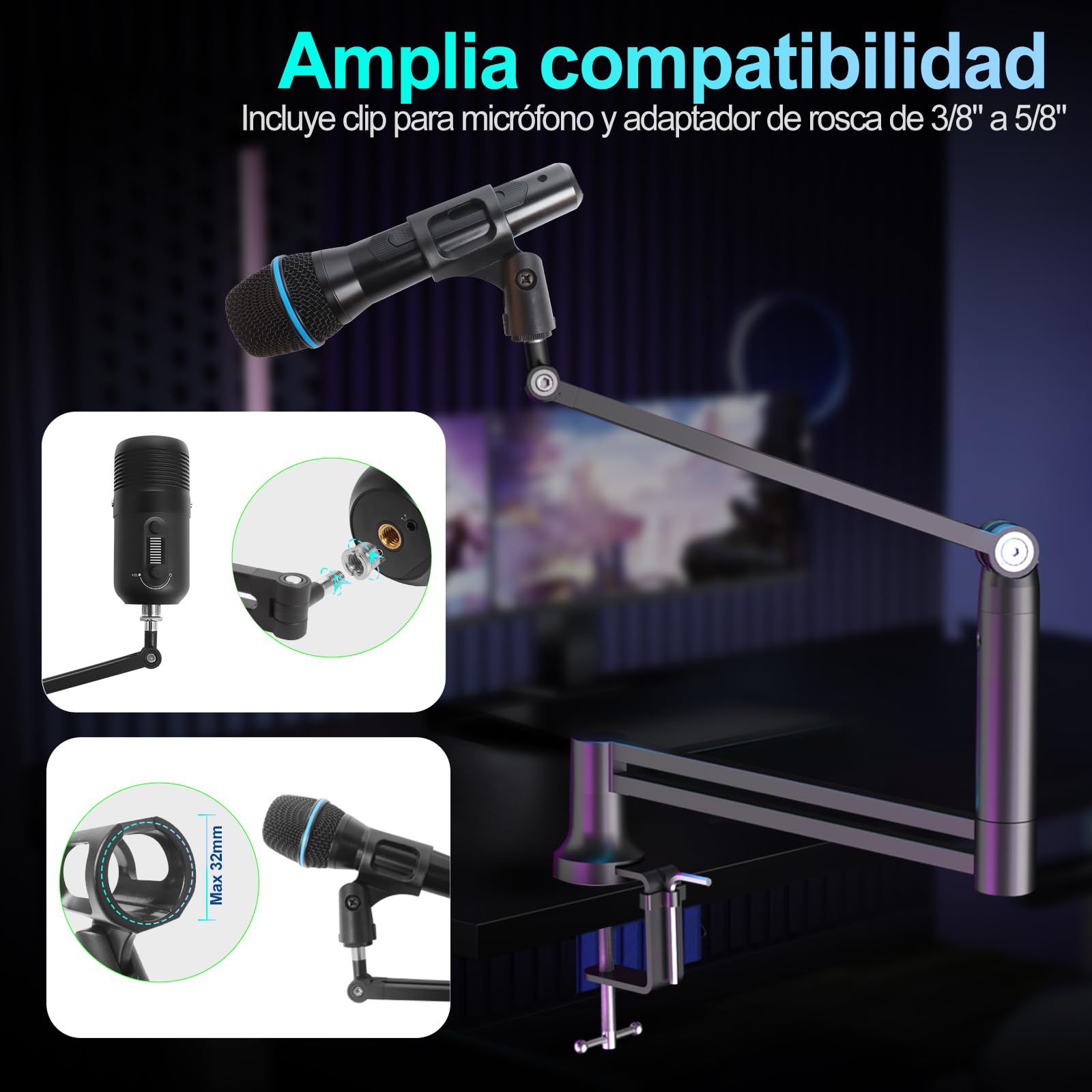 Micrófono Boom Arm, Brazo de Mic de bajo perfil, Soporte de Miro para Podcastin, Streaming, Totalmente ajustable 360 ° Giratorio 90 ° Plegable para Blue Yeti