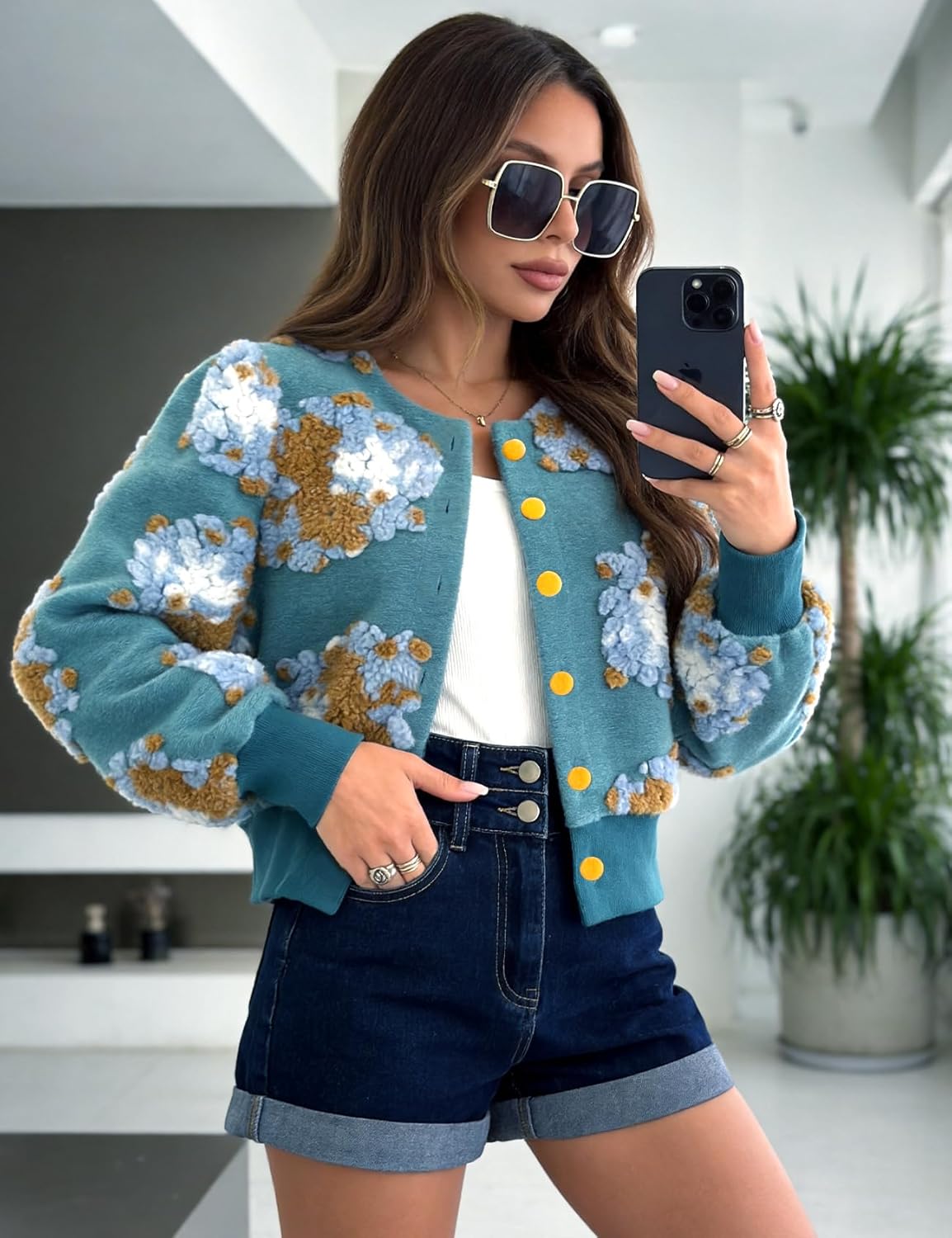 Flygo Women's Cropped Floral Print Bomber Jacket Warm Fleece Varsity Jacket Casual Button Down Puff Sleeve Coat Outerwear - Image 6