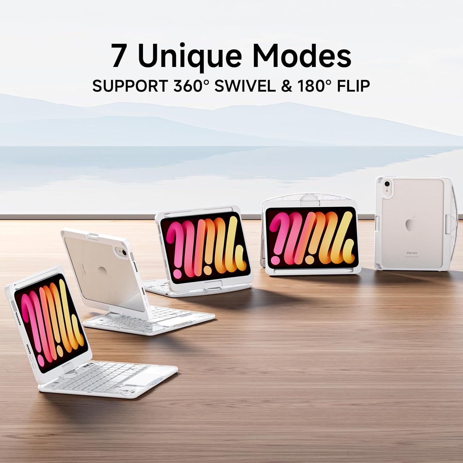 Transparent Case with Keyboard for iPad mini 7 A17 Pro(2024) & Mini 6 (2021) 8.3",7-Color Backlit,Wireless Keyboard, 360°Rotating,with trackpad,Pencil Holder,with Shortcuts,White