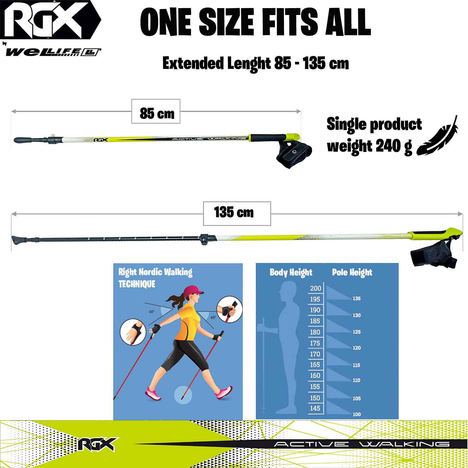 WeLLIFE |Bastoncini Nordic Walking in Alluminio| Polsino con Sgancio Rapido CLICK and GO per Nordic Walking, Escursionismo e Trekking