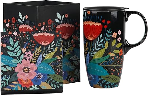 Miniatura 9 de Topadorn Taza de cerámica para café, taza de té de porcelana con tapa de 17 onzas, negro y flor