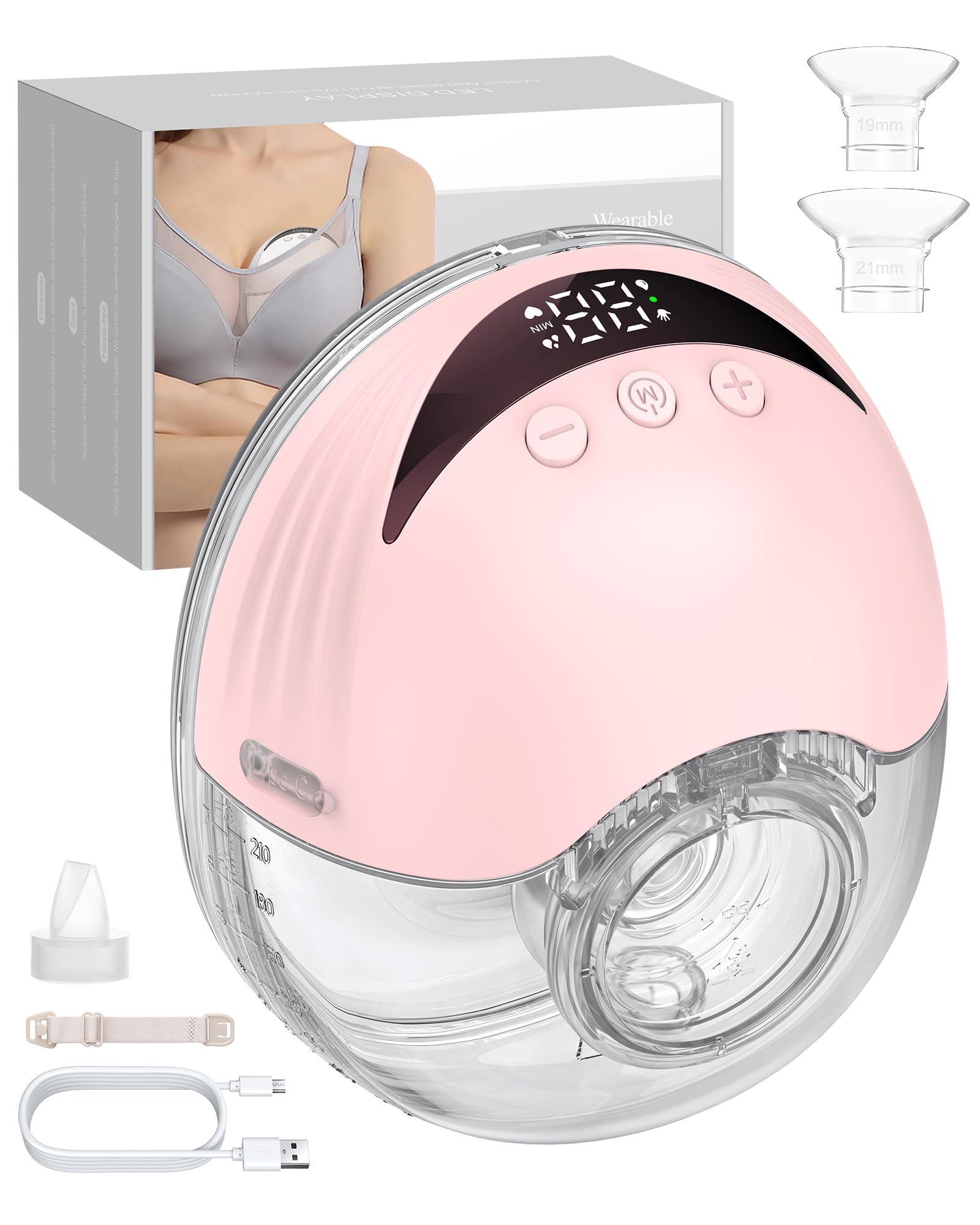 eSynic Freihändige Brustpumpe – Tragbare, Wiederaufladbare 210ml Milchpumpe mit 4 Modi & 12 Stufen, LED-Display, 24/21/19mm Flanschen, Ultra-Leise, für Mütter zu Hause & unterwegs- Rosa