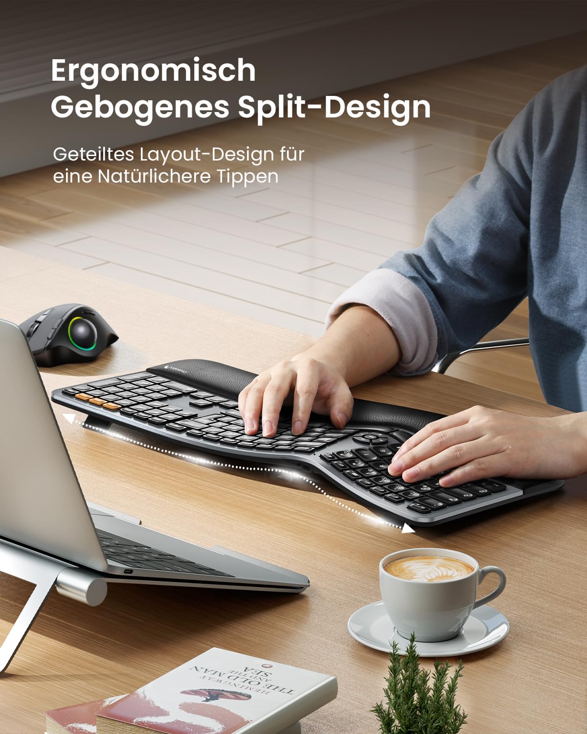 ProtoArc EK01 Plus Beleuchtet Ergonomische Tastatur Kabellos, Full Size | Split Wireless Keyboard mit Handballenauflage, Bluetooth und USB, Wiederaufladbar, für Windows/Mac/Android