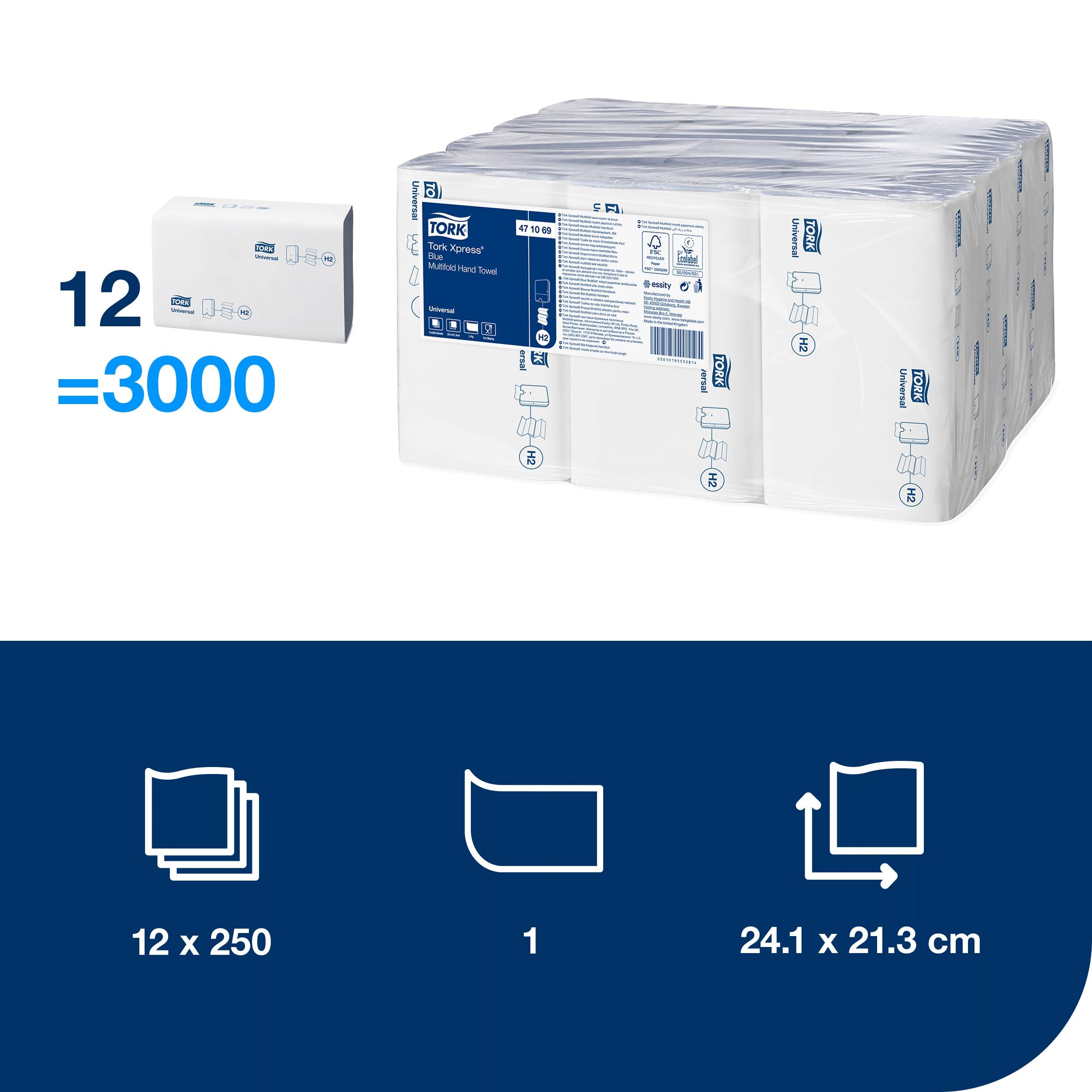 Tork Xpress Toallas de Manos Multidobladas Azules H2, Universal, 1 capa, Fibras 100% Recicladas, 12 x 250 hojas, 471069