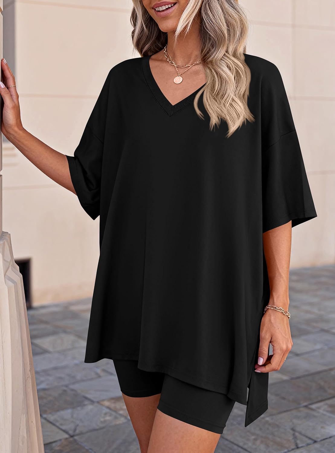 PRETTYGARDEN 2 Piece Sets for Women Summer 2026 Lounge Short Set Spring Matching Biker Shorts V Neck Oversized Shirt Clothing - Image 8