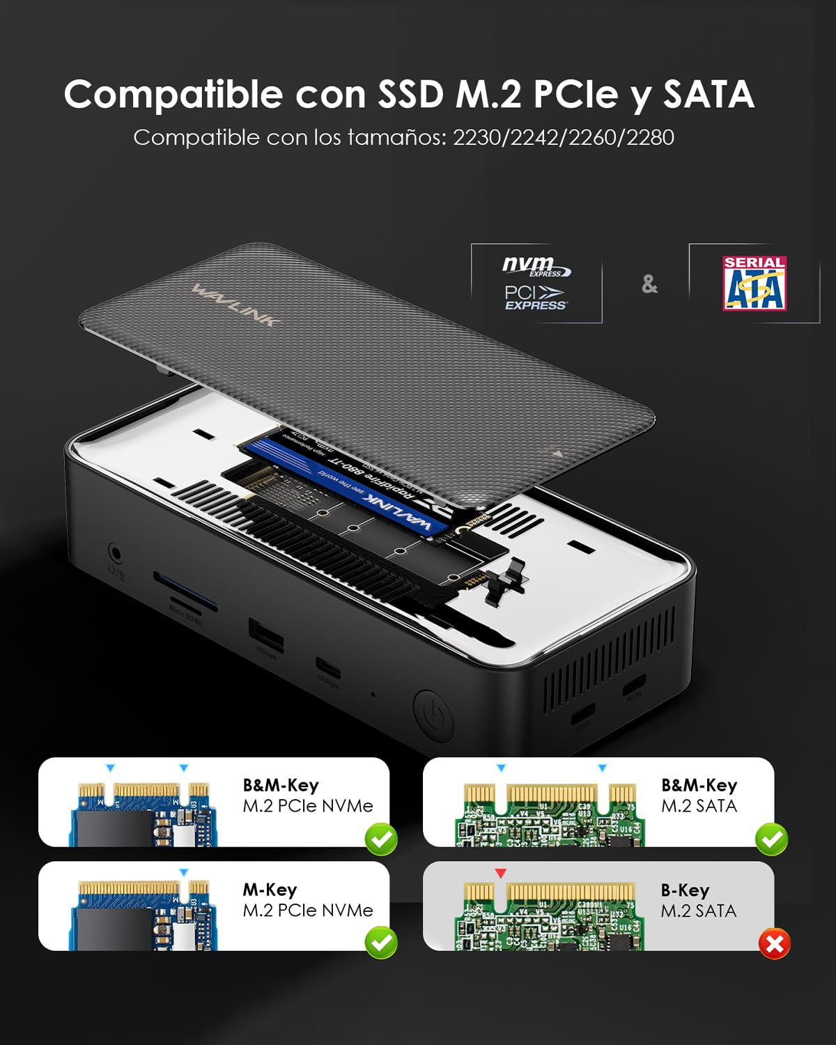 WAVLINK Docking Station Triple Display 3 * 4K@60Hz | 12 en 1 USB C Docking Station con SSD Enclosure M.2 PCIe/SATA de 10Gbps, PD de 100W, USB C/A, Gigabit para Windows y Mac OS