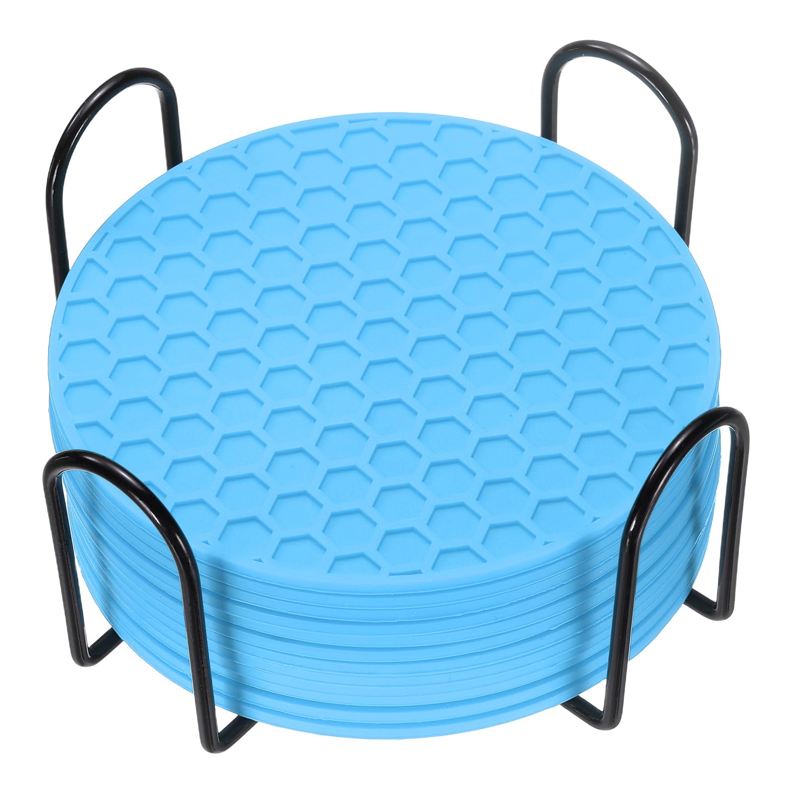 sourcing map 12 Pcs Silicone Coasters with Holder, 4 Inch Round Coaster for Drink, Non-Slip Non-Stick Heat Resistant Place Mats Washable for Cups Tabletop Protection Table Decor, Blue