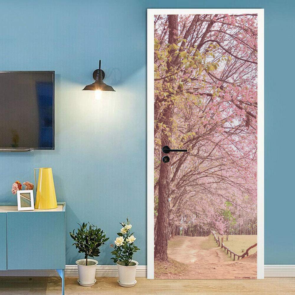 Sticker de porte forêt de cerisiers amovible pour masquer les défauts d'une vieille porte