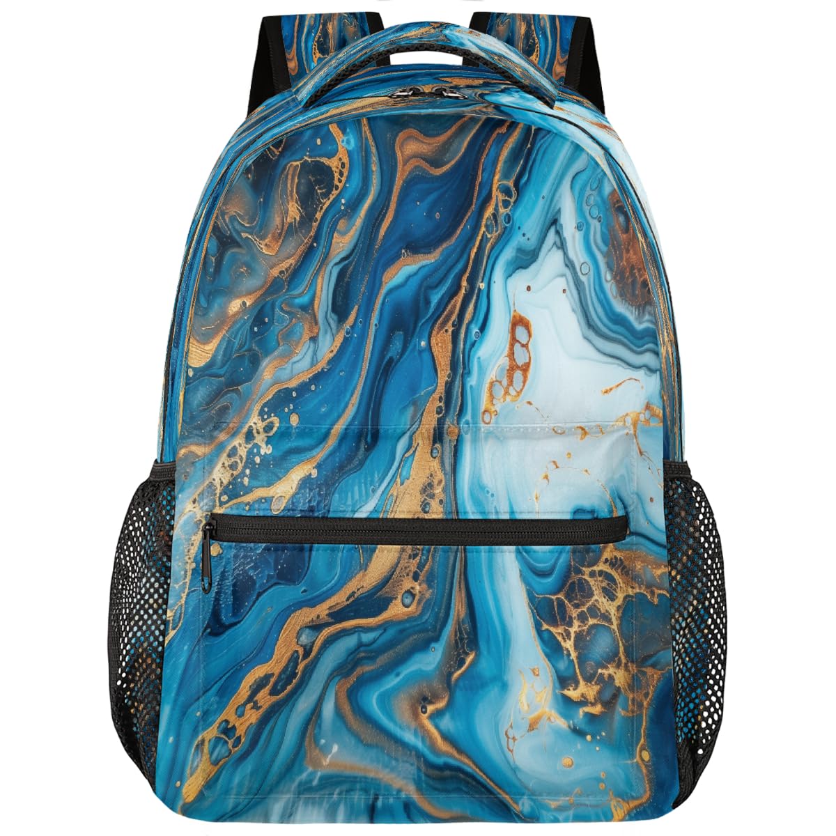 Chintiz Deep Blue Gold Marble Kids Backpack for Boys Girls, 16 In Large Capacity Toddler Backpack with Multiple Pockets, Lightweight School Bookbag