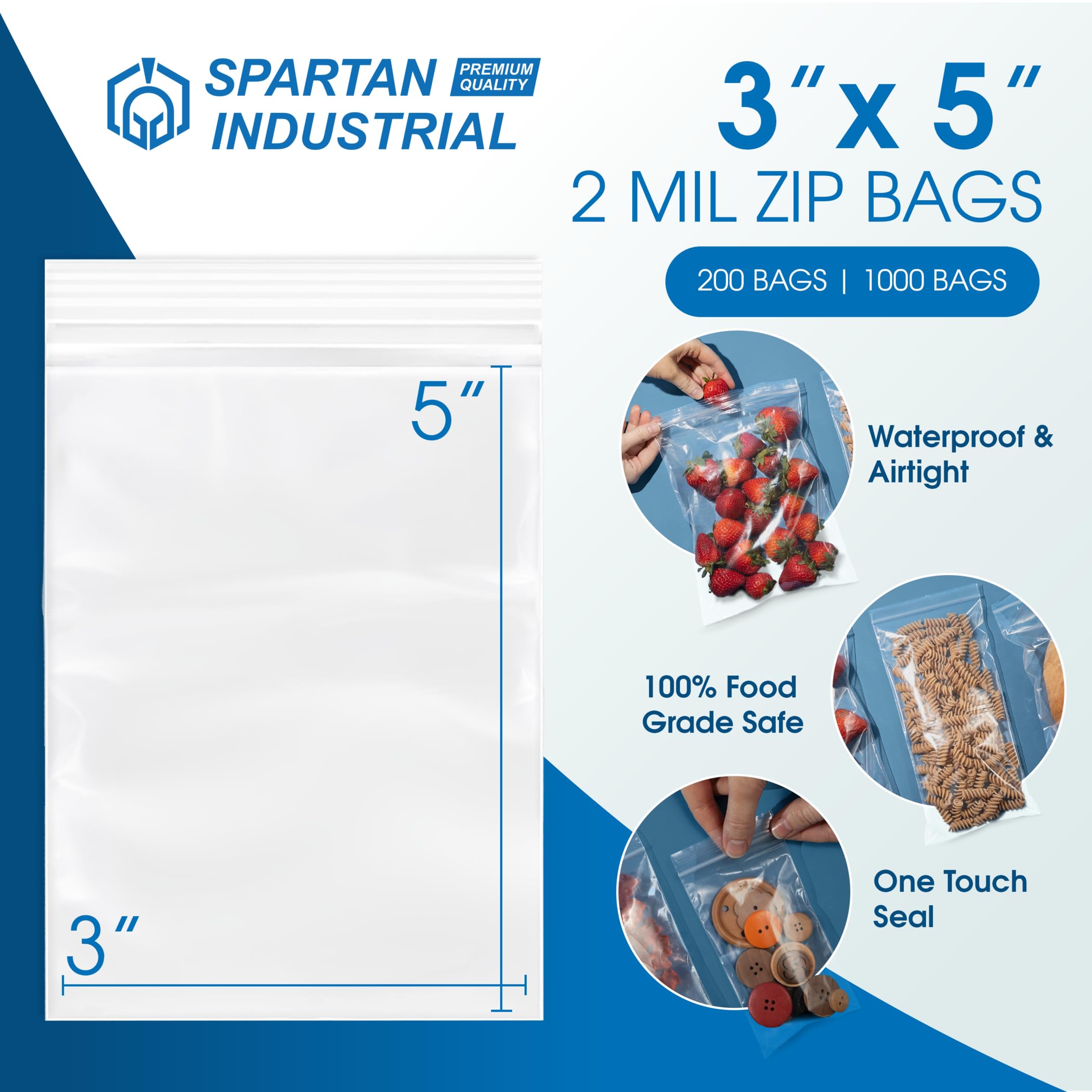 Spartan Industrial - 7,6 cm x 12,7 cm (200 sztuk) 2 mil, przezroczyste, zamykane, plastikowe torby z zamkiem błyskawicznym z zamykanym zamkiem błyskawicznym