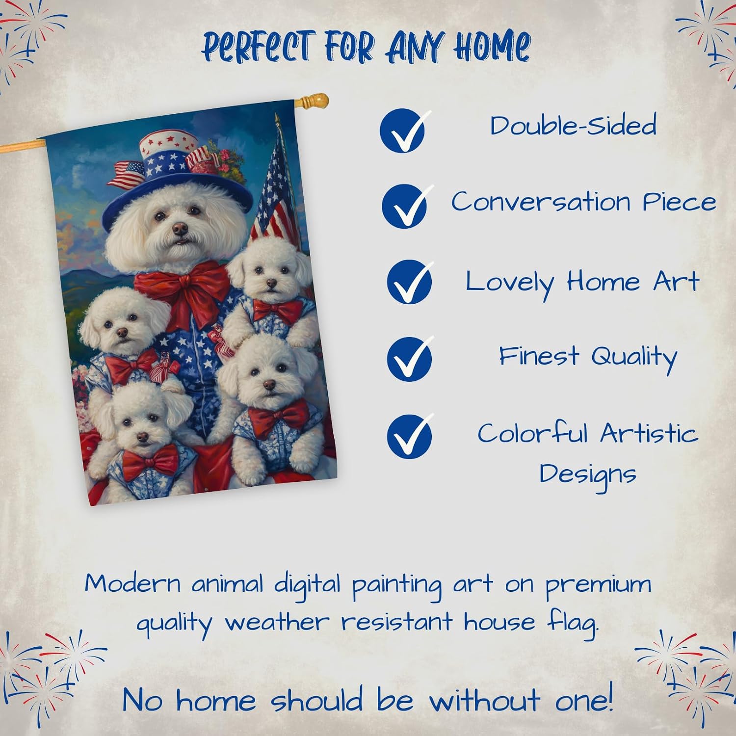 Bichon Frise Dog 4th of July American Flag House Flag – Personalized Double Sided Patriotic Yard Decor with Cute Dogs Independence Day Outdoor Decoration for Lawn, Garden, Porch or Patio 28"W x 40"H