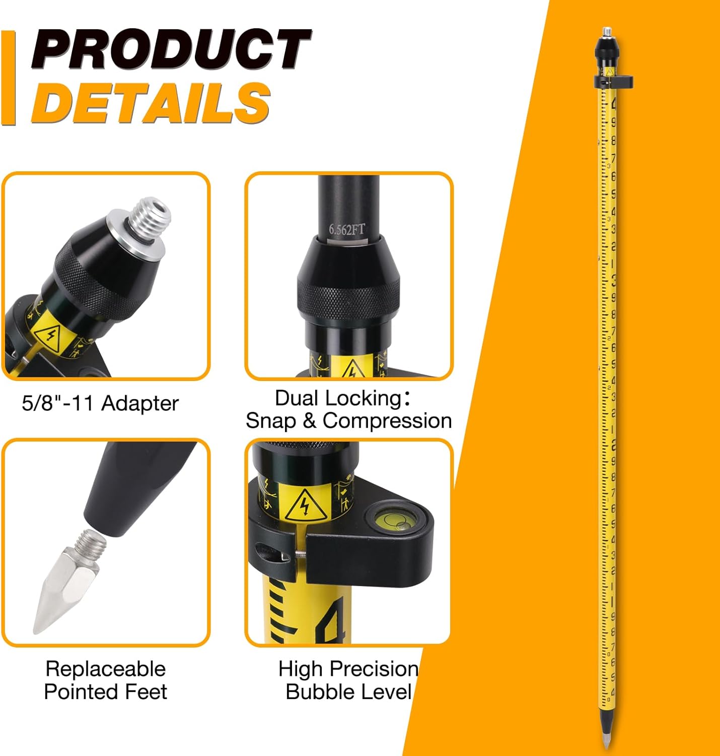 MOETER Aluminum GPS Pole with Snap-Lock – 2.0M Telescopic Survey Rod with 5/8” Adapter, 20-Minute Bubble Level, and Carry Bag for Land Surveying & Engineering