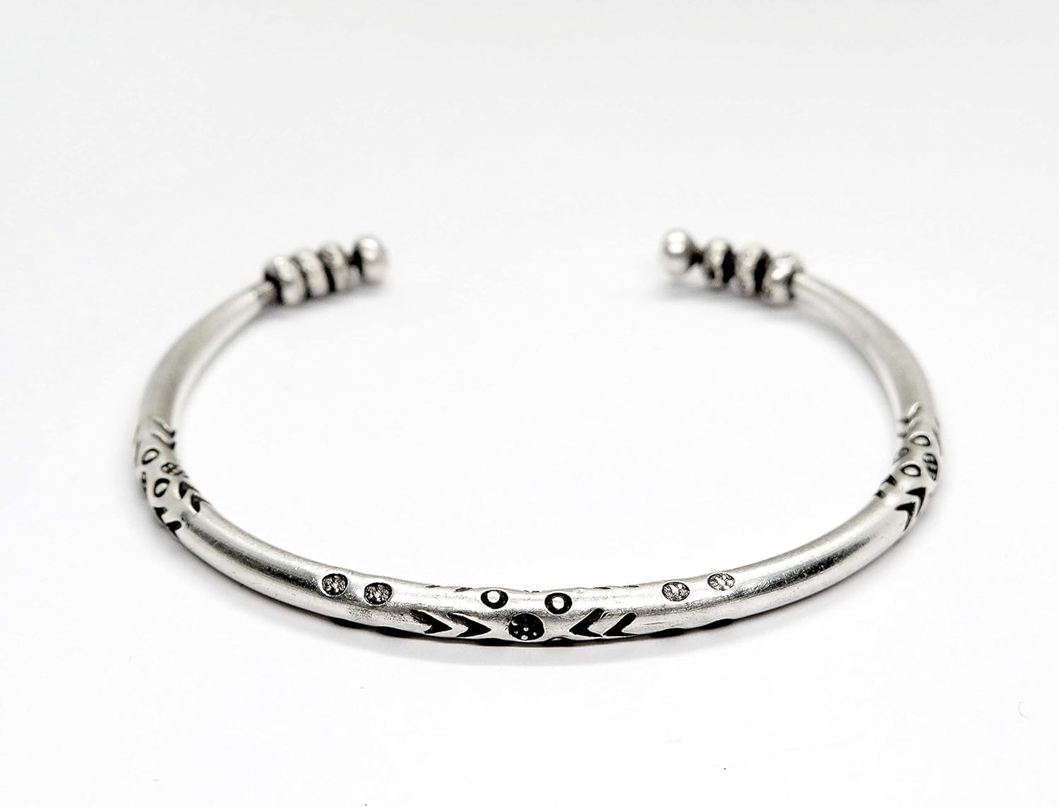 Handmade Sterling Silver Thick Solid Rounded Boho Hippie Cuff Bracelet With Ethnic Tribal Patterns Engravings and Beads, Gift for Her