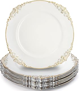 Okllen 12 Pack Plastic Round Charger Plates, 13" Dinner Charger Dessert Plates with Gold Rim, Vintage Charger Serving Plates for Catering, Wedding, Tabletop Decor, White, Floral Trim