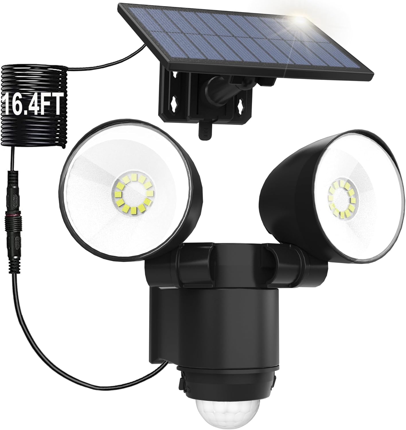 HAARAY Solar Security Light with two adjustable light heads, a motion sensor, and a separate solar panel connected by a 16.4ft cable.