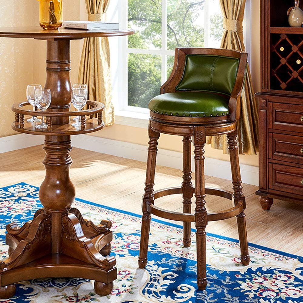 Tabouret de bar vintage pivotant en bois avec siège en cuir et