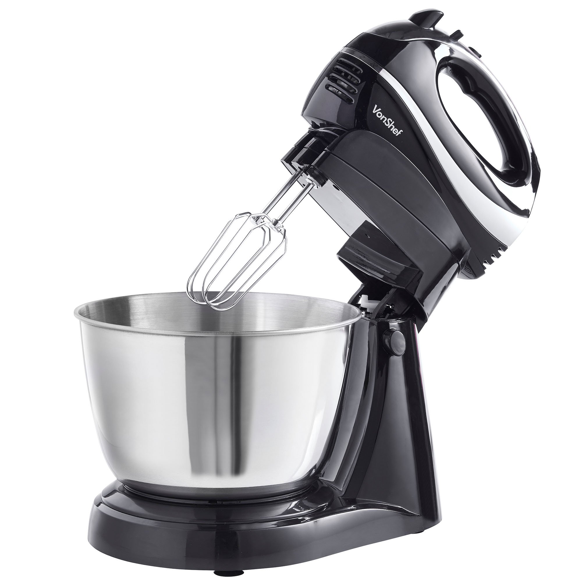 VonShef Hand and Stand Mixer – Cake Mixer with Bowl and Stand 2 in 1, 300W, 3.5L Stainless Steel Bowl, 2 Beaters, 2 Dough Hooks & Balloon Whisk, Easy Clean, Turbo Boost, Eject Button, Compact – Black