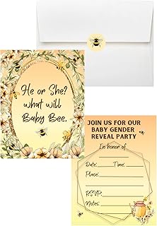 LM STUDIOZ Bumble bee themed baby shower invitations, Gender reveal Invitation cards comes with Envelopes and Stickers 10 pack (30 pcs total) Honey Bee party, Girl or boy baby shower invitations, Gender neutral baby shower, Bumble bee theme (4-1/4" x 5-1/2") Yellow Bee theme