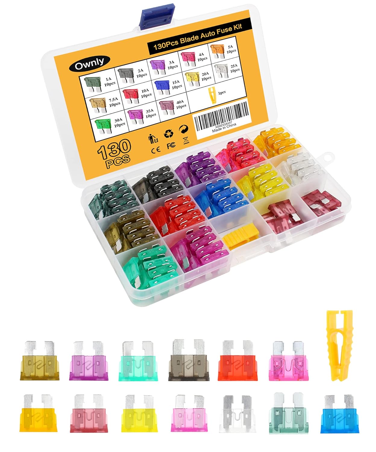 130Pcs Standard/Medium Blade Fuses Assortment Kit, 1/2/3/4/5/7.5/10/15