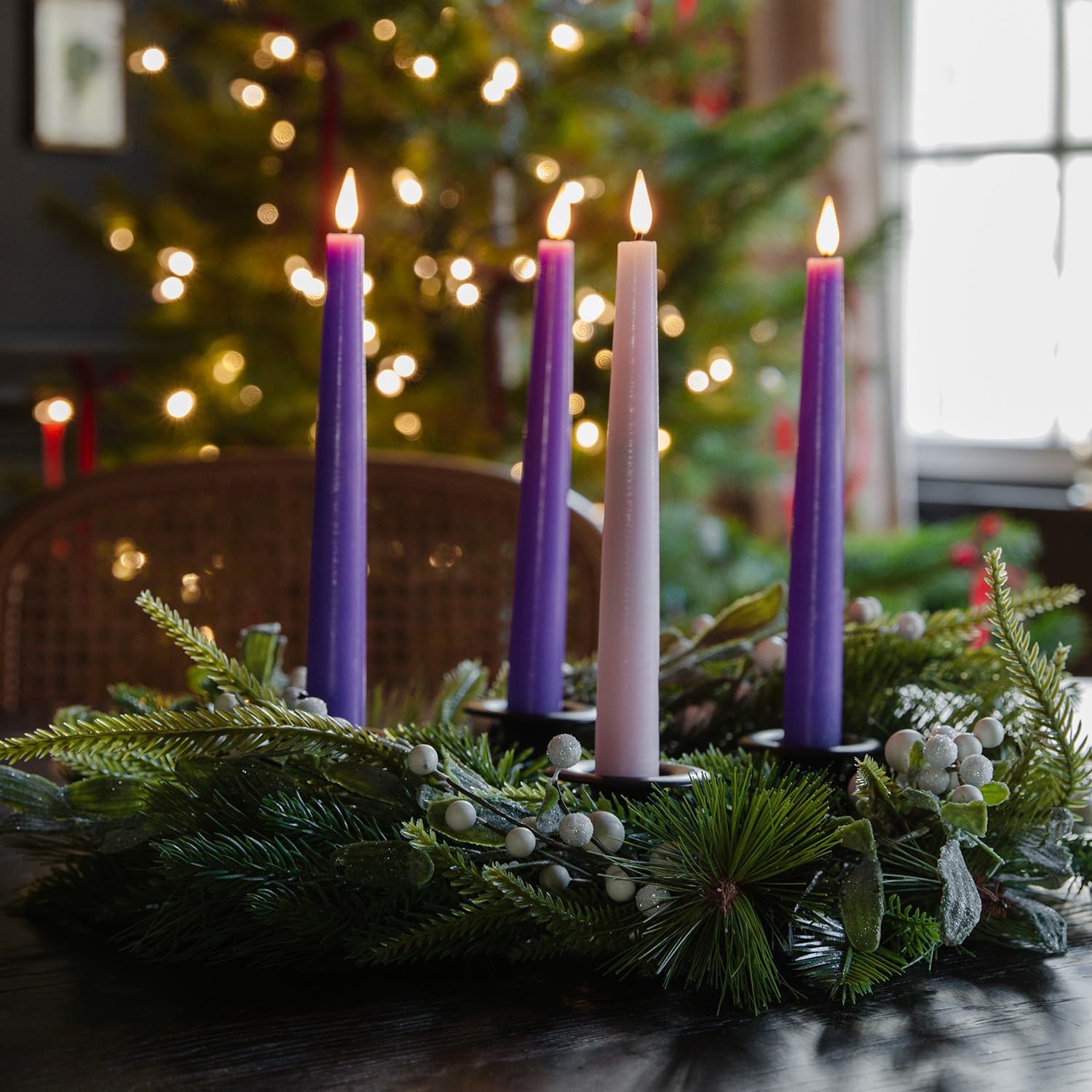LampLust Battery Operated Advent Candles, Set of 4, 9 Inch Purple & Pink Flameless Taper Candles, Flickering LED Candles with Remote, Spring Decor, Table Centerpiece, Wedding & Home Decorations