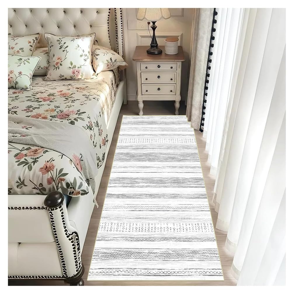 Tapis de Couloir Long Lavable 80x300 cm, Tapis d'Entrée Intérieur Antidérapant à Motifs Marocains, Tapis de Sol Doux pour Salle de Bain, Cuisine, Passage, Buanderie, Couleur Gris Clair