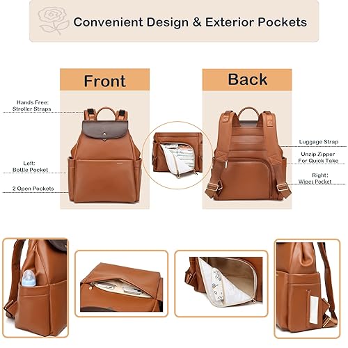 Miniatura 9 de Yomiky Mochila de cuero para pañales para mujer con cambiador y múltiples bolsillos. Elegante y funcional