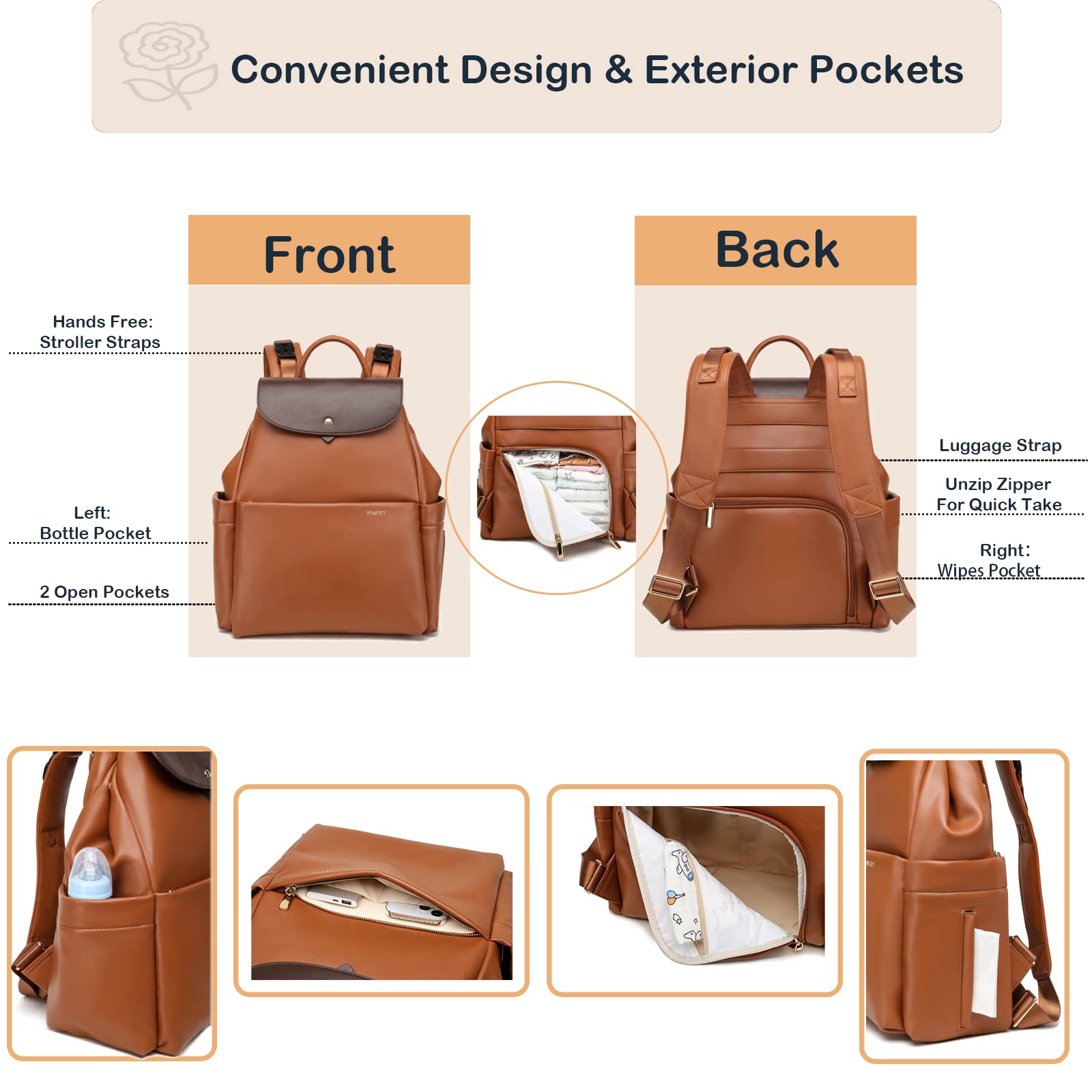 Mochila de cuero para pañales para mujer con cambiador y múltiples bolsillos. Elegante y funcional