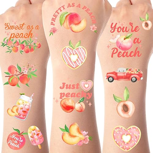 Tatuajes temáticos de melocotón rosa, tatuajes temporales de frutas para niños para decoraciones de fiesta de verano, simplemente decoración de