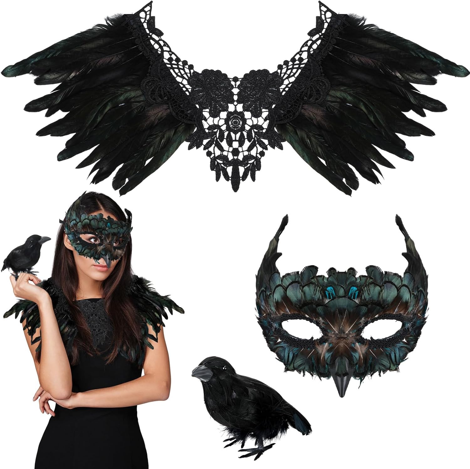 3 Pcs Halloween Costume Set Masquerade Bird Mask Halloween Feather Costume for Women Include Animal Mask Feather Cape Crow Ornament for Cosplay Party Black, Green
