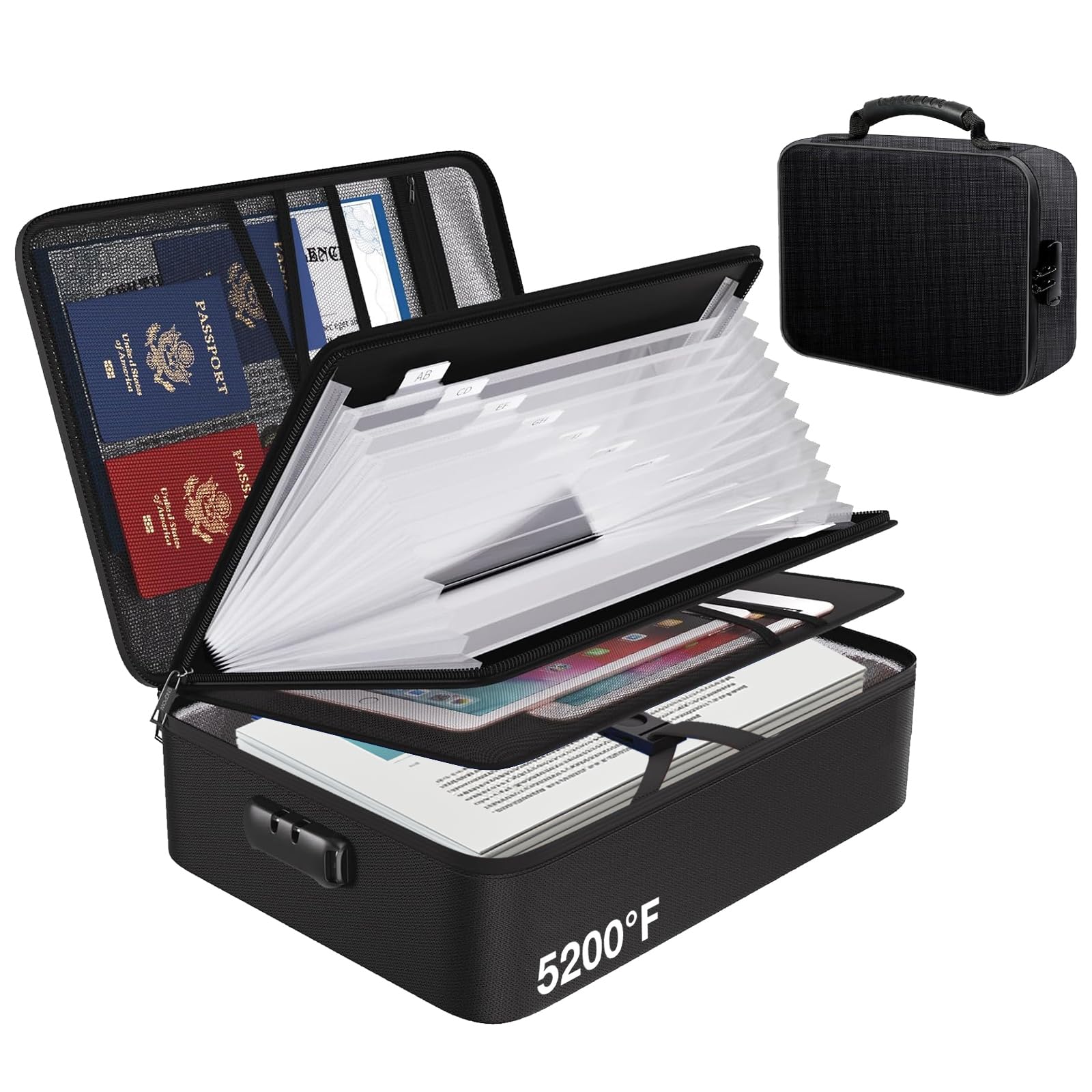 5200℉ Feuerfeste Dokumentenbox, Wasserfeste Dokumententasche mit Schloss, Akkordeonordner, Tragbare Aktentasche Zuhause und Büro Dokumentenaufbewahrung für Wichtige Dokumente Zertifikate