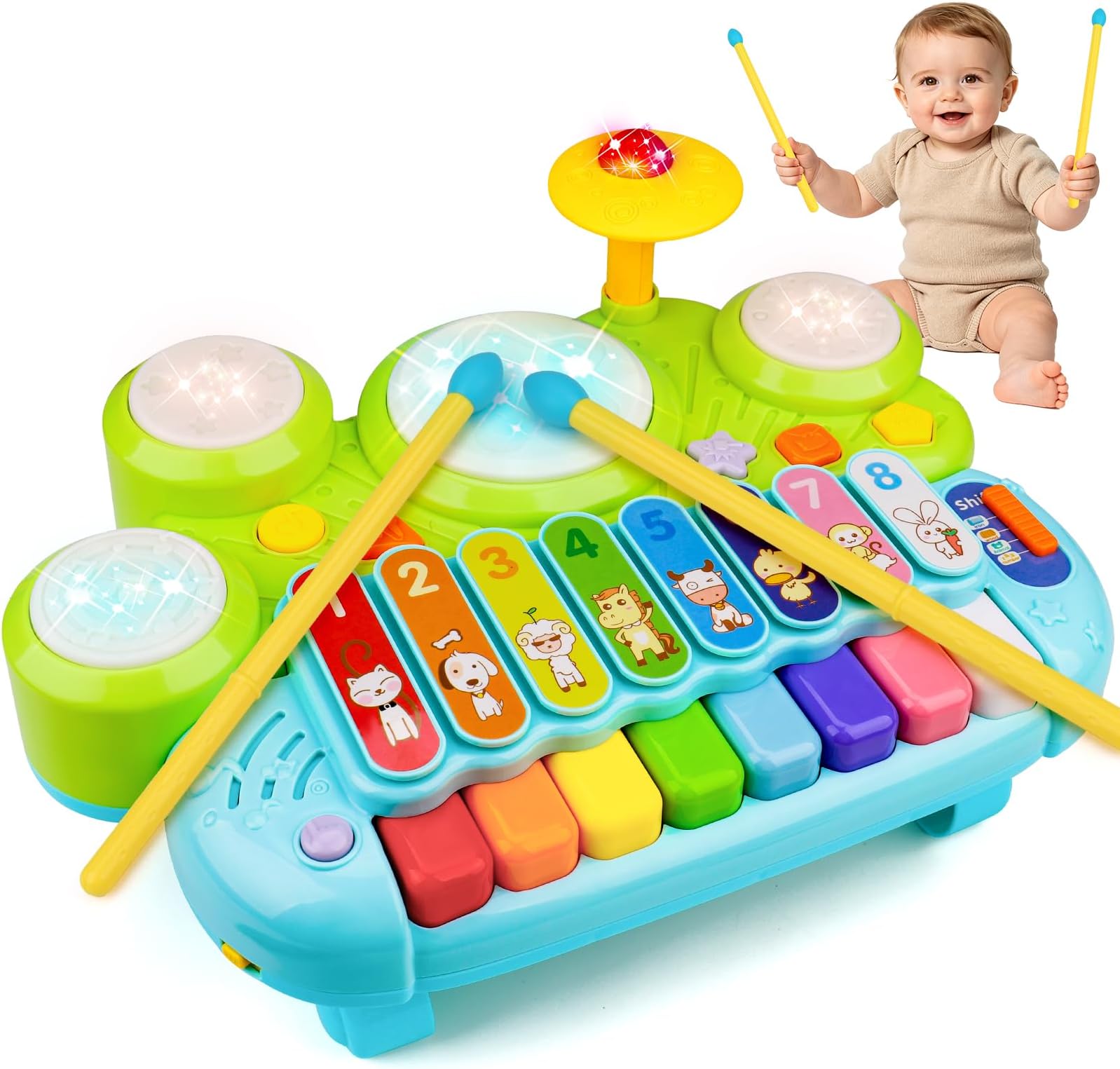Baby Piano Drum Set for Toddlers 1-3, Musical Toys 3 in 1 Baby DJ Table Piano Keyboard Xylophone Instruments for 1 2 Year Old Boys Girls Music & Light Activity Table 6-12-18 Months Old Birthday Gifts