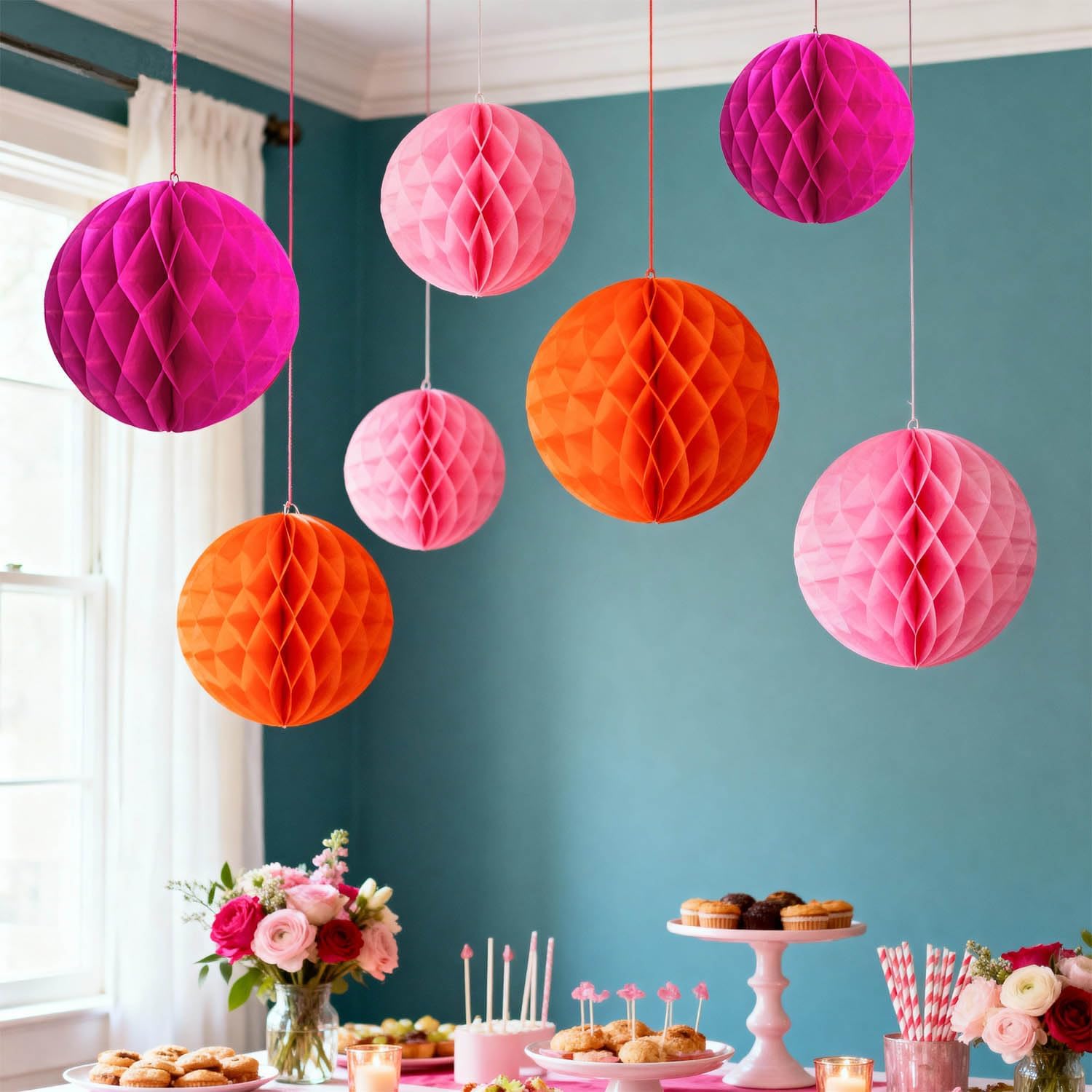 12 Pcs Orange and Pink Paper Honeycomb Flower Balls for Party Ceiling Wall Hanging Tissue Pom Poms Decor (6 inch & 10 inch)