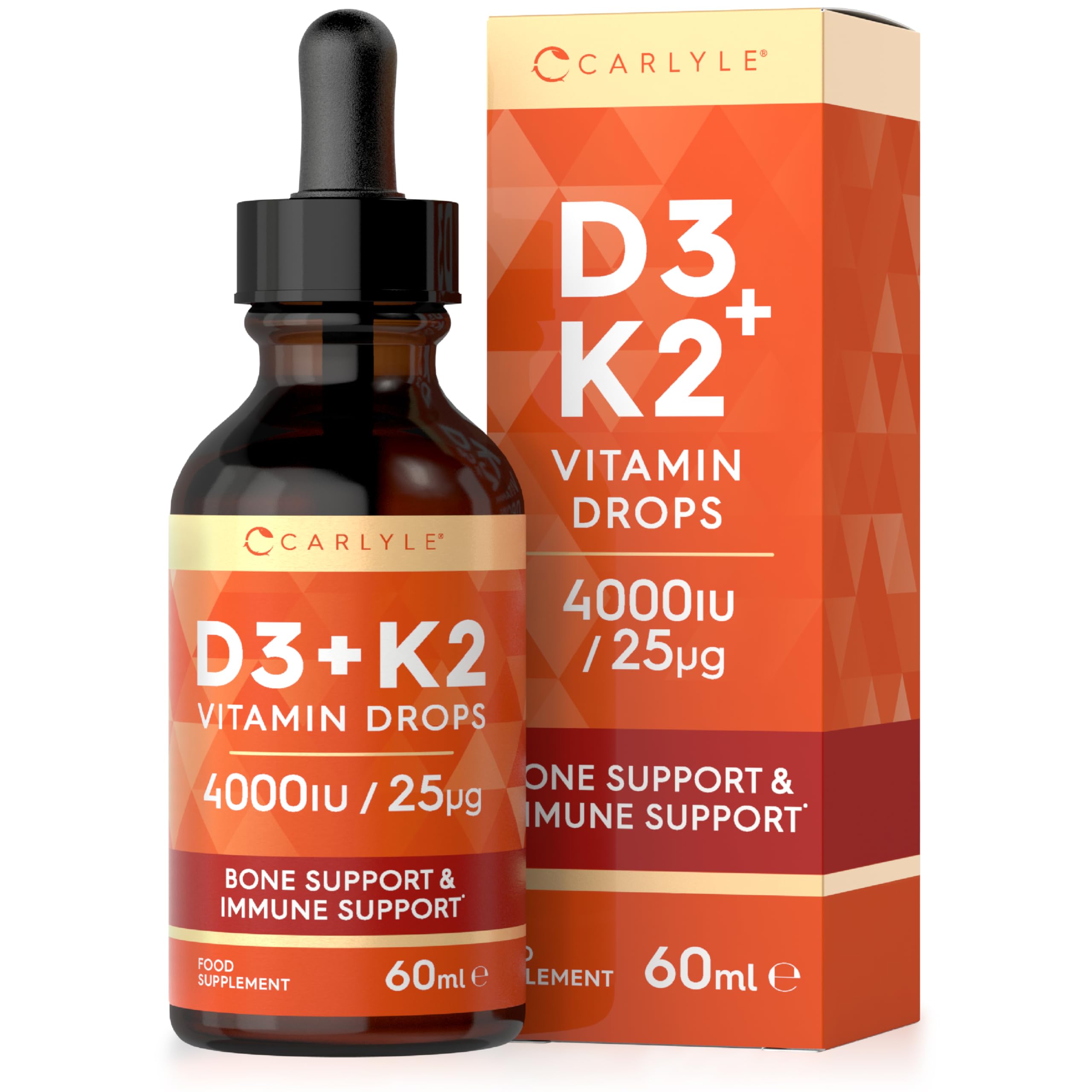 Carlyle Vitamin D3 K2 Liquid Drops | 60mL | High Strength Vitamin D3 4000iu and Vitamin K2 (MK7) 25ug | Bone Health and Immune Support |