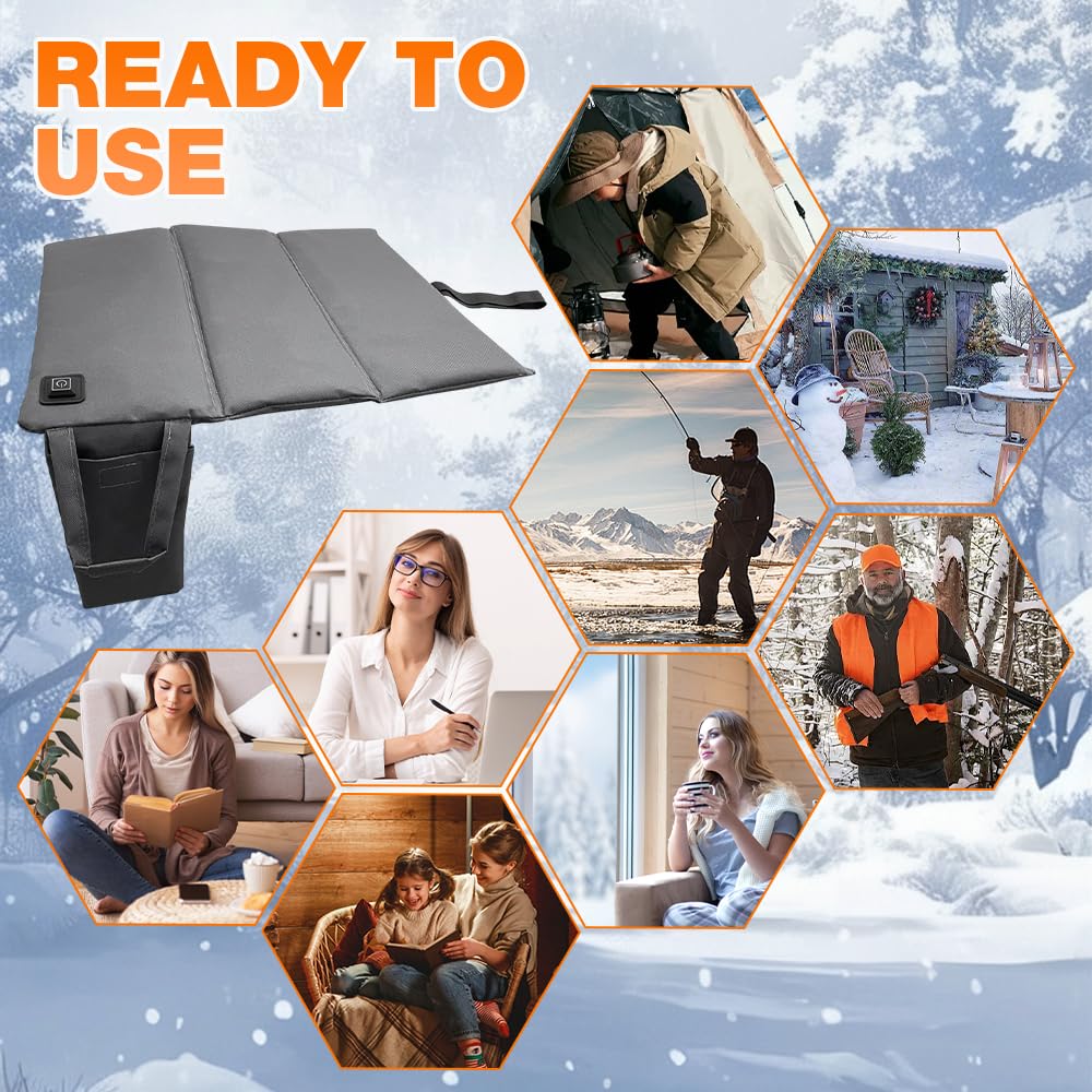 Beheiztes Sitzkissen, 44x40cm Faltbares Beheizbares Sitzkissen USB, Tragbares Heizkissen 3 Einstellbare Temperatur, Elektrisch Wärmekissen Kabellos für Stadioncamping, Camping im Freien