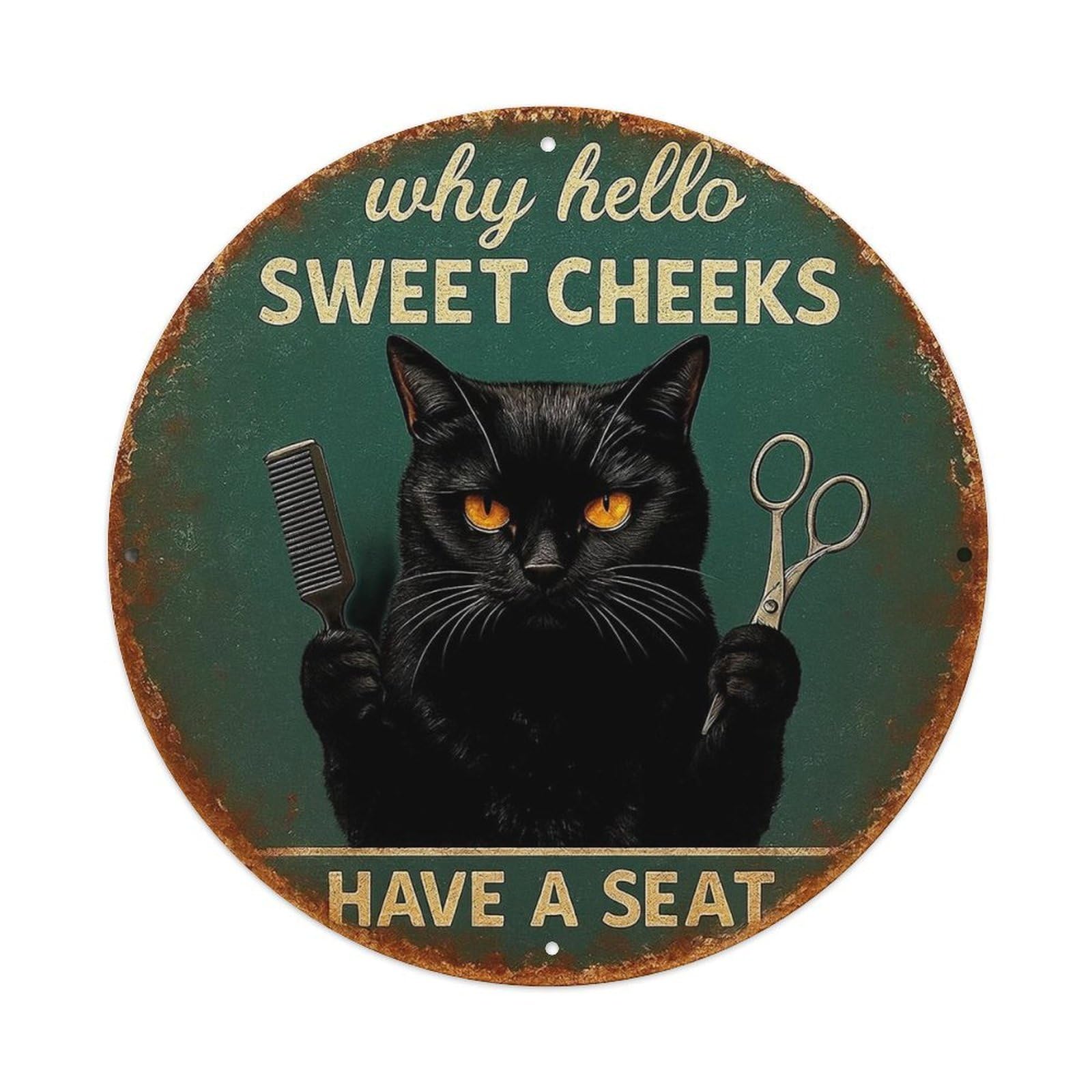 Black Cat With Comb And Scissors Metal Tin Sign Plaque