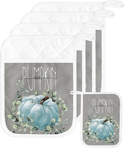 Miniatura 10 de Blue Pumpkins - Juego de 2 agarraderas para cocina, antideslizantes y aislantes de calor, juego de agarraderas de tela de toalla con bolsillo,